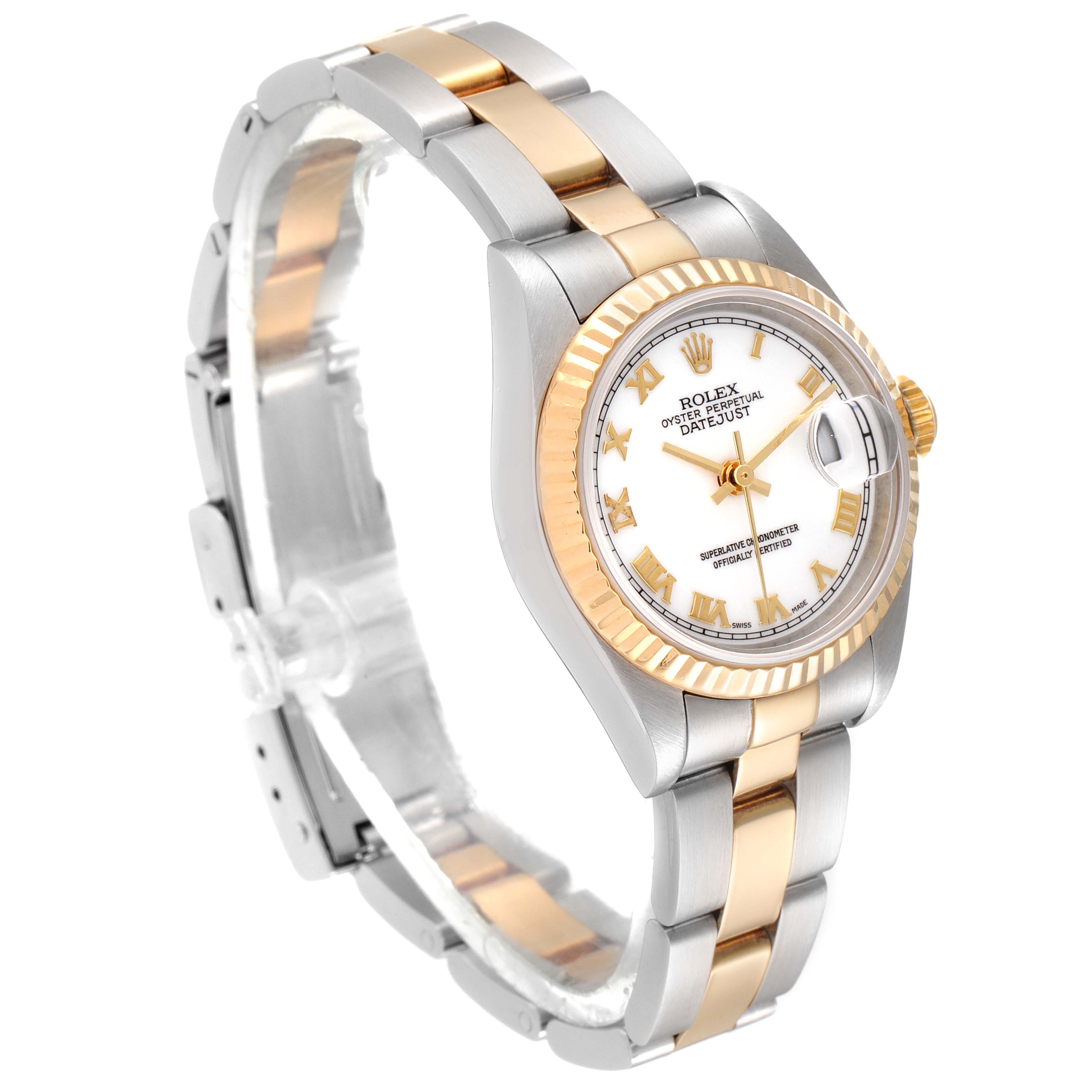 The Rolex Datejust 79173 Women's Steel and Gold (two tone) White Dial 79173 Women's Steel and Gold (two tone) White Dial watch is shown at a slight angle, displaying its bracelet, dial, and fluted bezel.