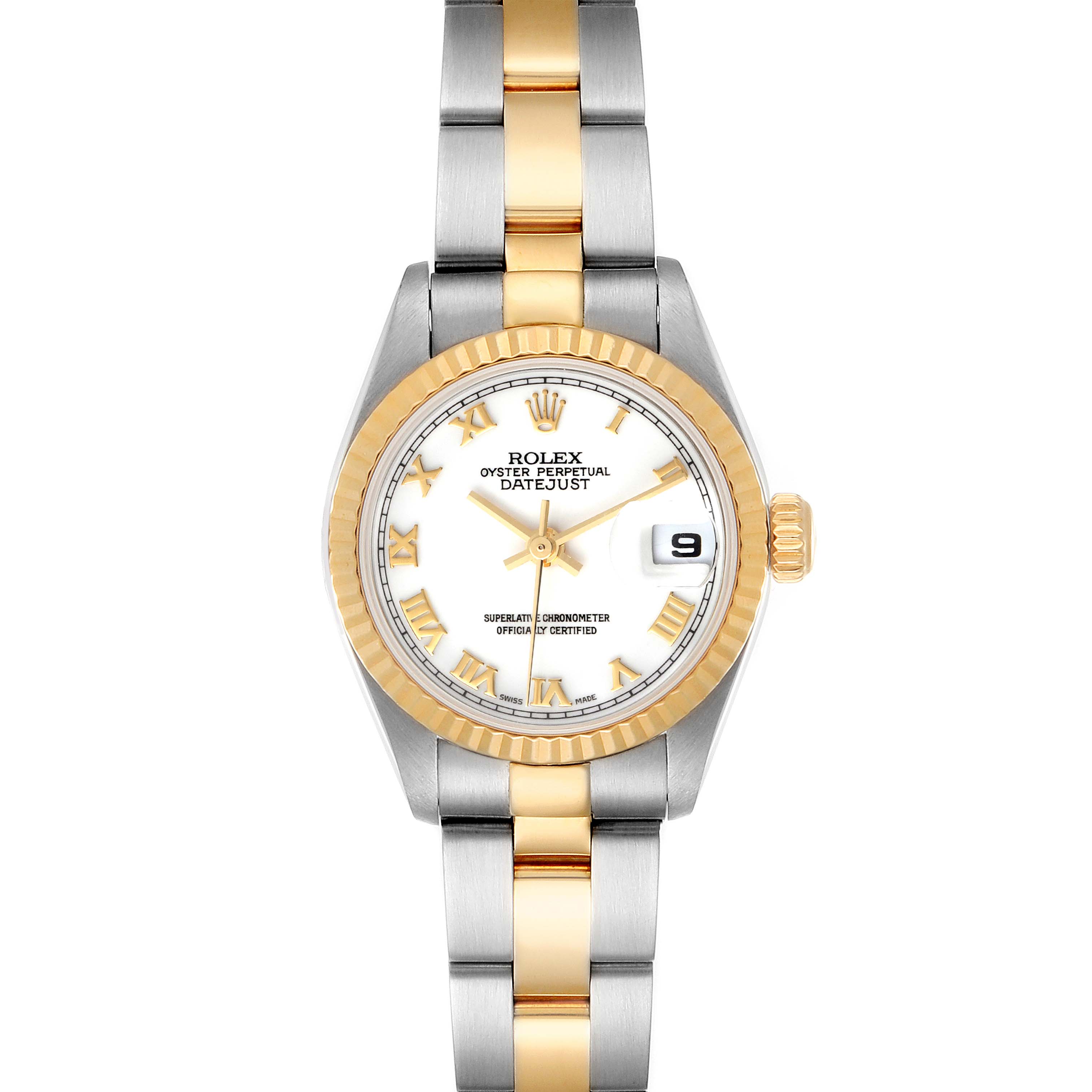 The image shows a front view of a Rolex Datejust 79173 Women's Steel and Gold (two tone) White Dial 79173 Women's Steel and Gold (two tone) White Dial watch, highlighting its face, bezel, and bracelet.