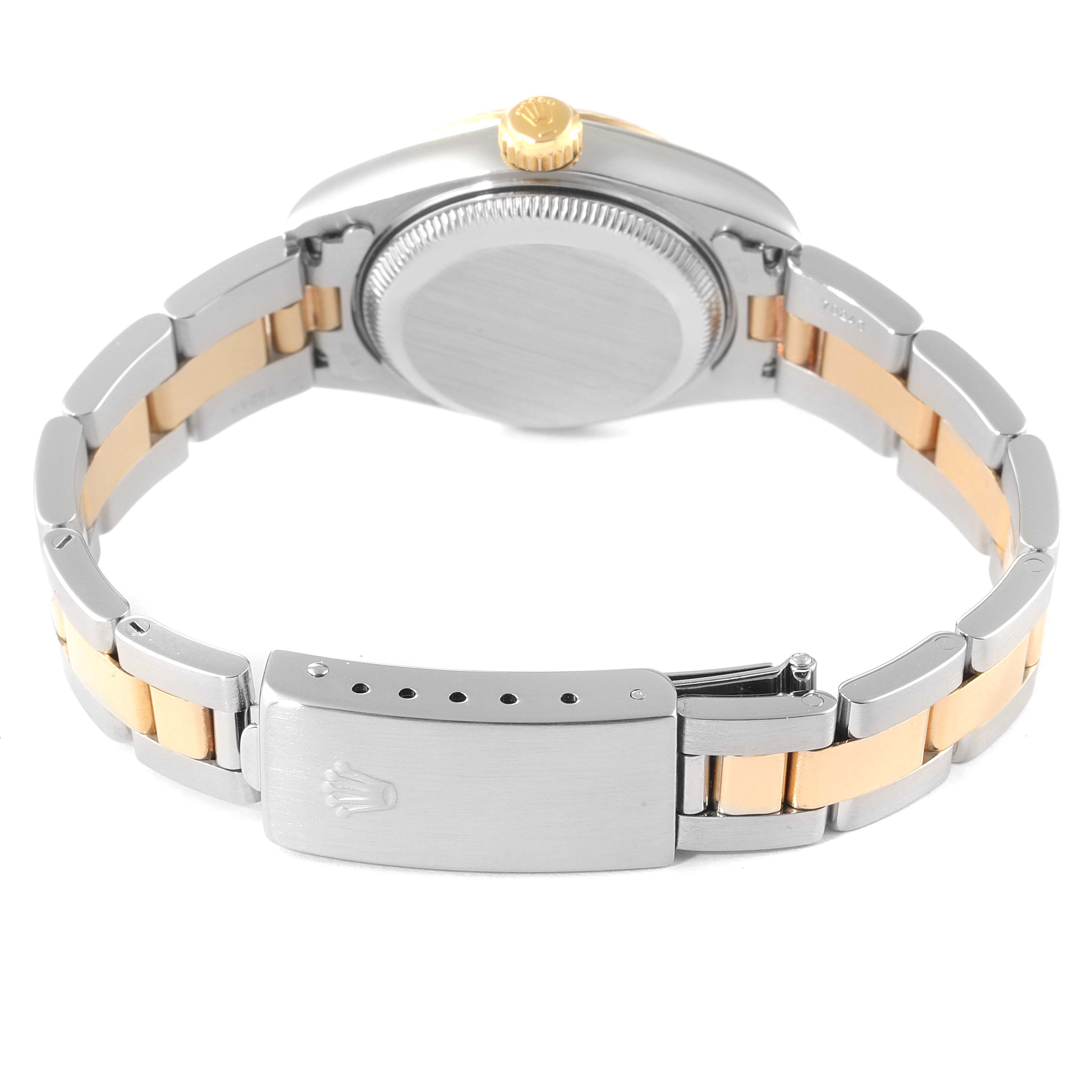 This image shows the back and clasp of the Rolex Datejust 79173 Women's Steel and Gold (two tone) White Dial 79173 Women's Steel and Gold (two tone) White Dial watch, highlighting its two-tone bracelet design.