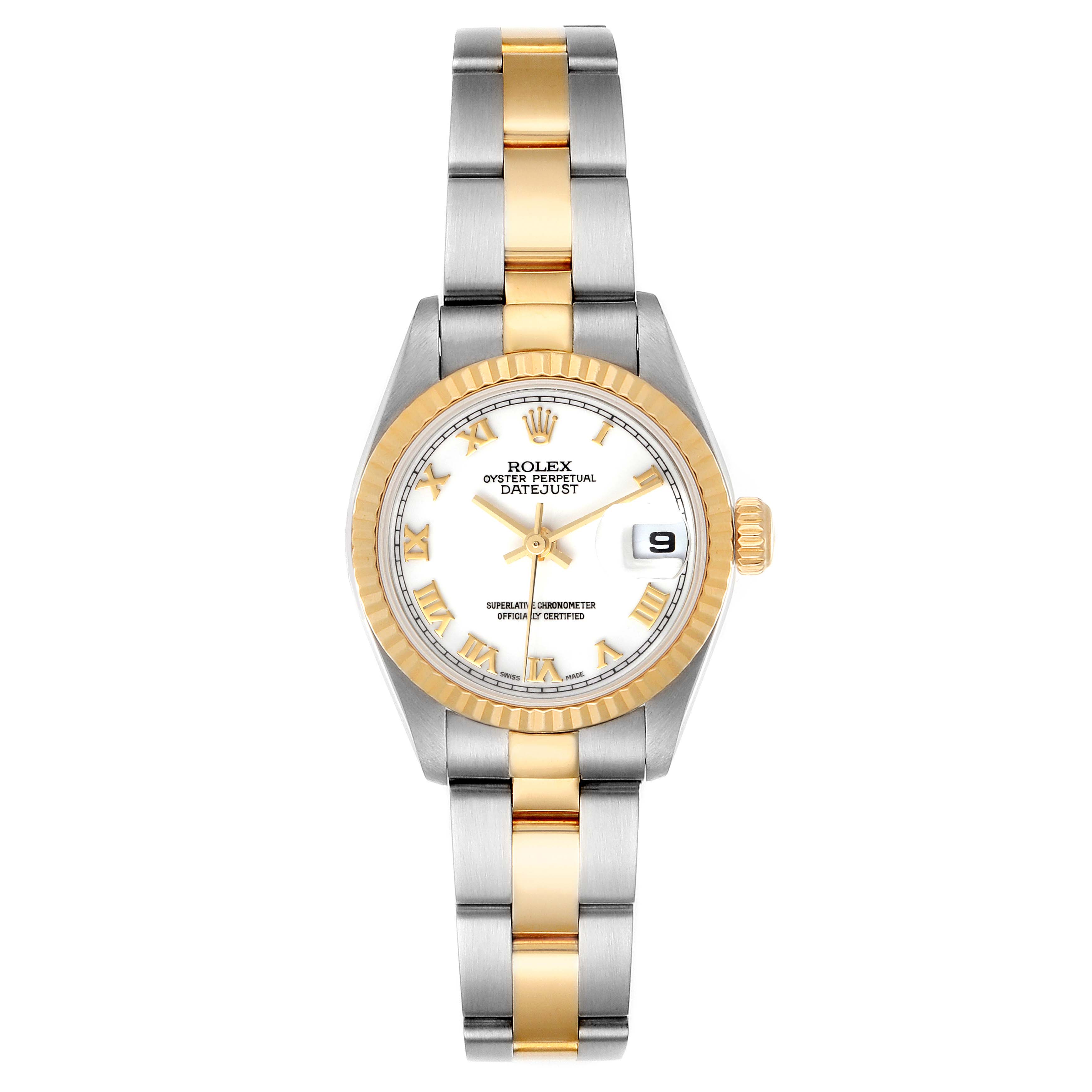 The image shows a front view of a Rolex Datejust 79173 Women's Steel and Gold (two tone) White Dial 79173 Women's Steel and Gold (two tone) White Dial watch, highlighting its face, bezel, and two-tone bracelet.