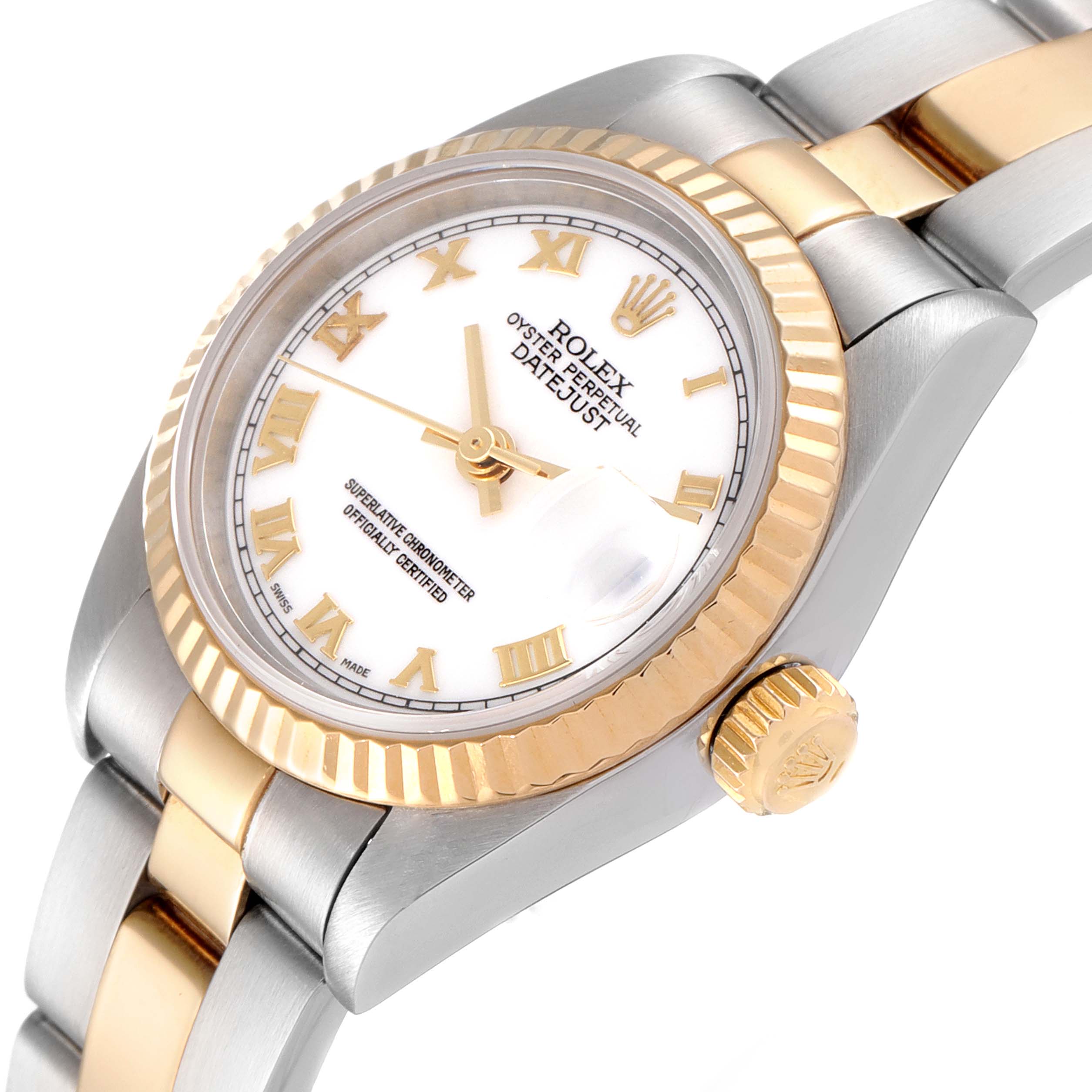 The image shows a Rolex Datejust 79173 Women's Steel and Gold (two tone) White Dial 79173 Women's Steel and Gold (two tone) White Dial watch at an oblique angle, focusing on the dial, crown, and part of the bracelet.