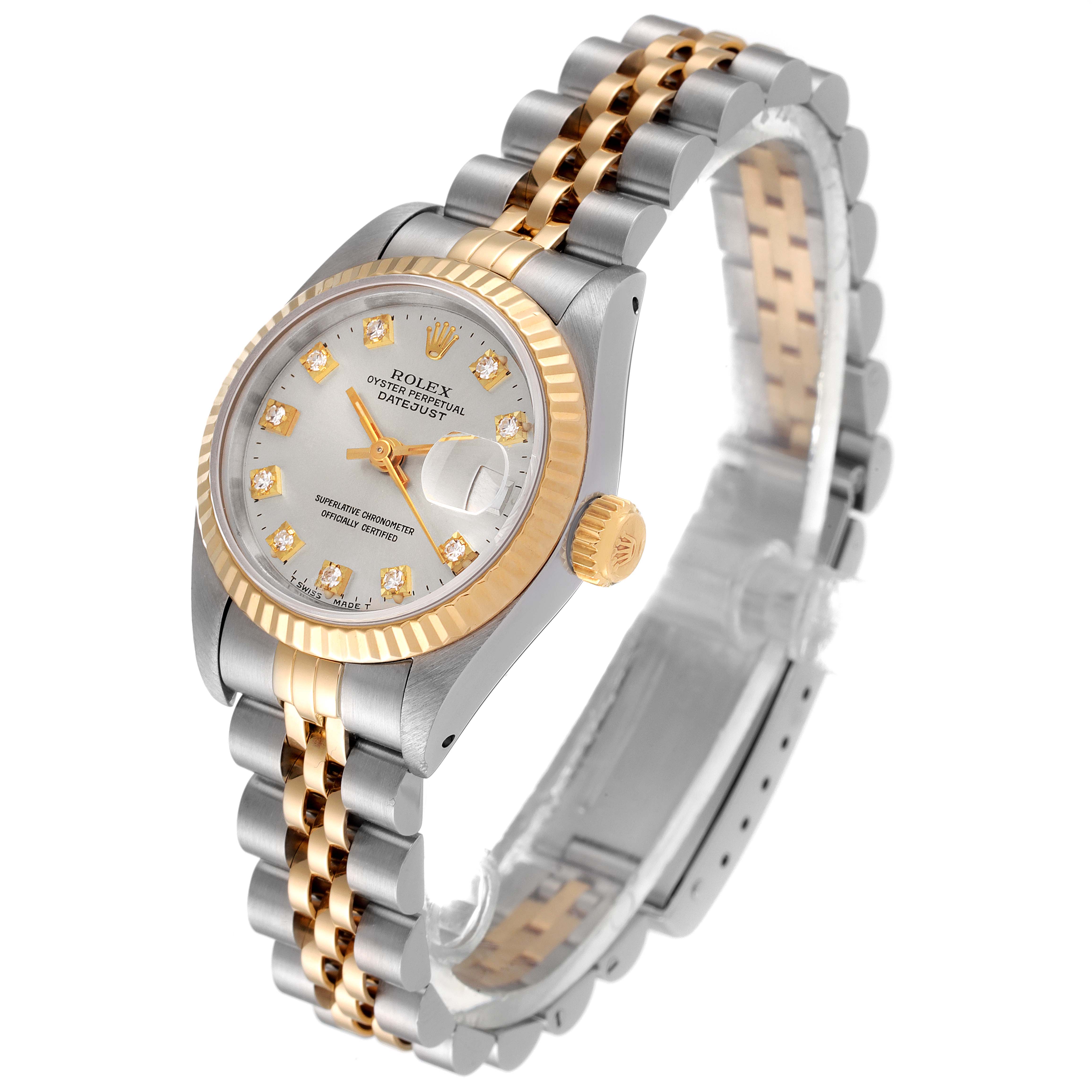This Rolex Datejust 69173 Women
s Steel and Gold (two tone) Silver Dial 69173 Women
s Steel and Gold (two tone) Silver Dial watch is shown from a three-quarter angle, featuring the bracelet, bezel, dial, and crown.