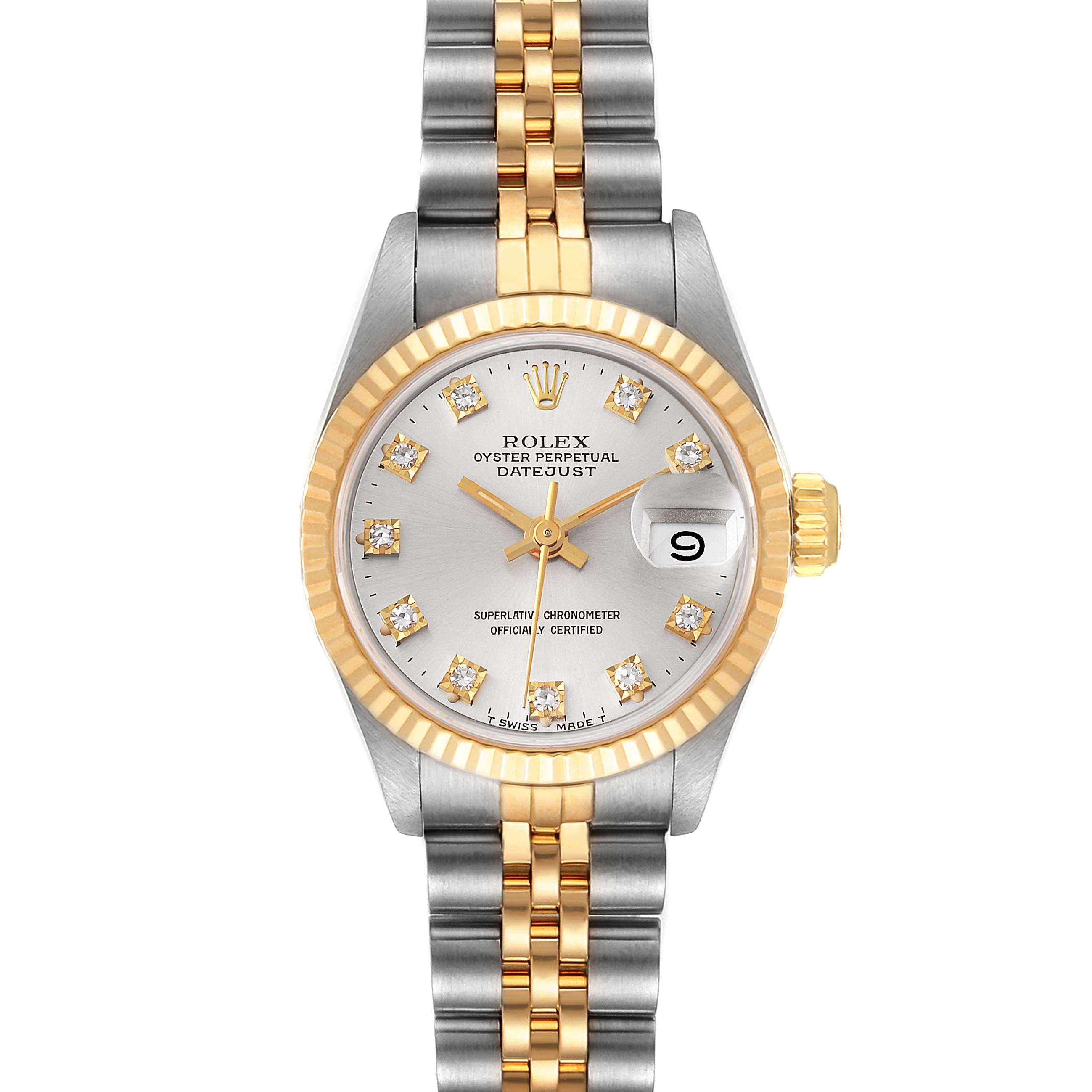 The image shows a front view of a Rolex Datejust 69173 Women
s Steel and Gold (two tone) Silver Dial 69173 Women
s Steel and Gold (two tone) Silver Dial watch, displaying its face, bezel, crown, and bracelet.