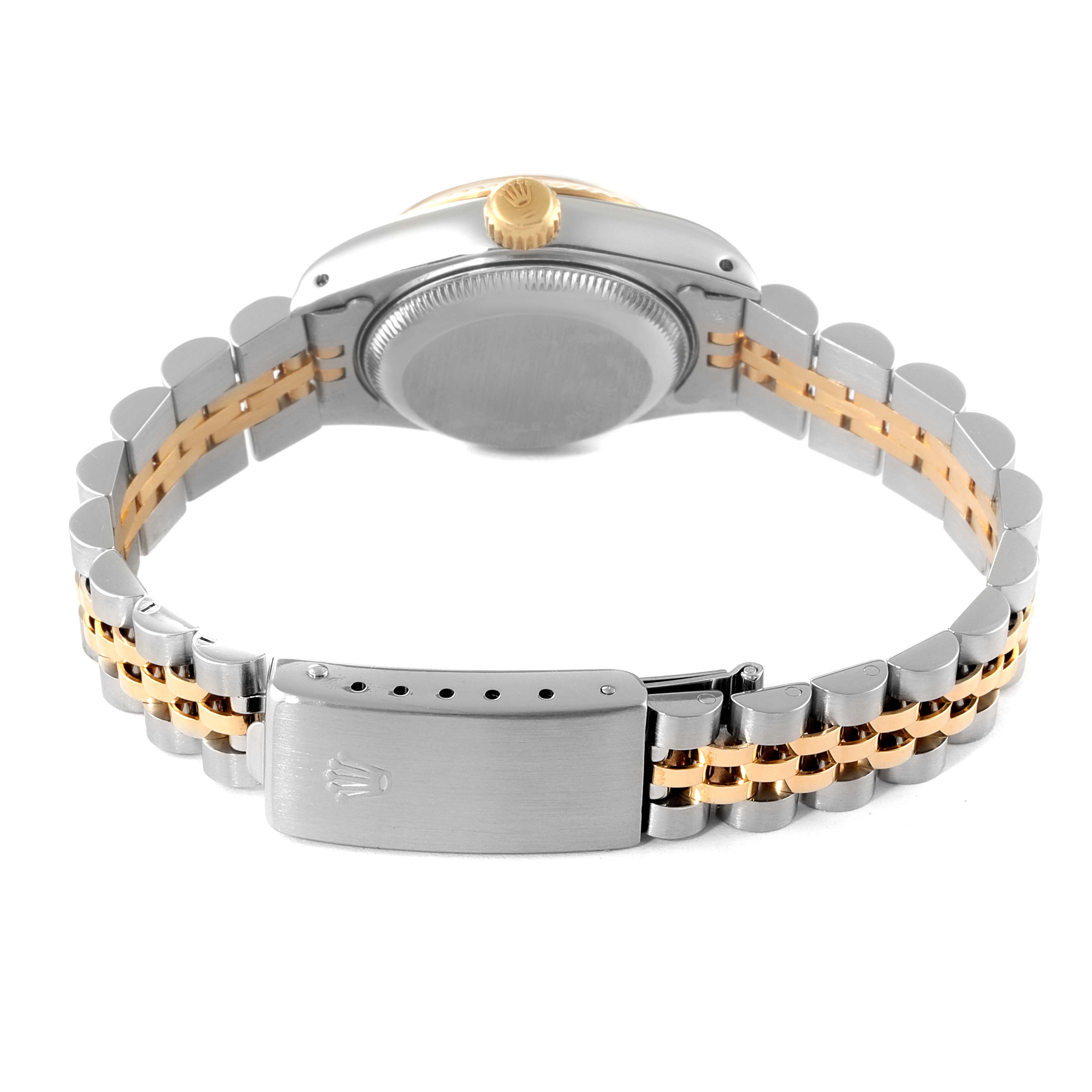 This image shows the back view of a Rolex Datejust 69173 Women
s Steel and Gold (two tone) Silver Dial 69173 Women
s Steel and Gold (two tone) Silver Dial watch, highlighting its clasp, case back, and part of the bracelet.