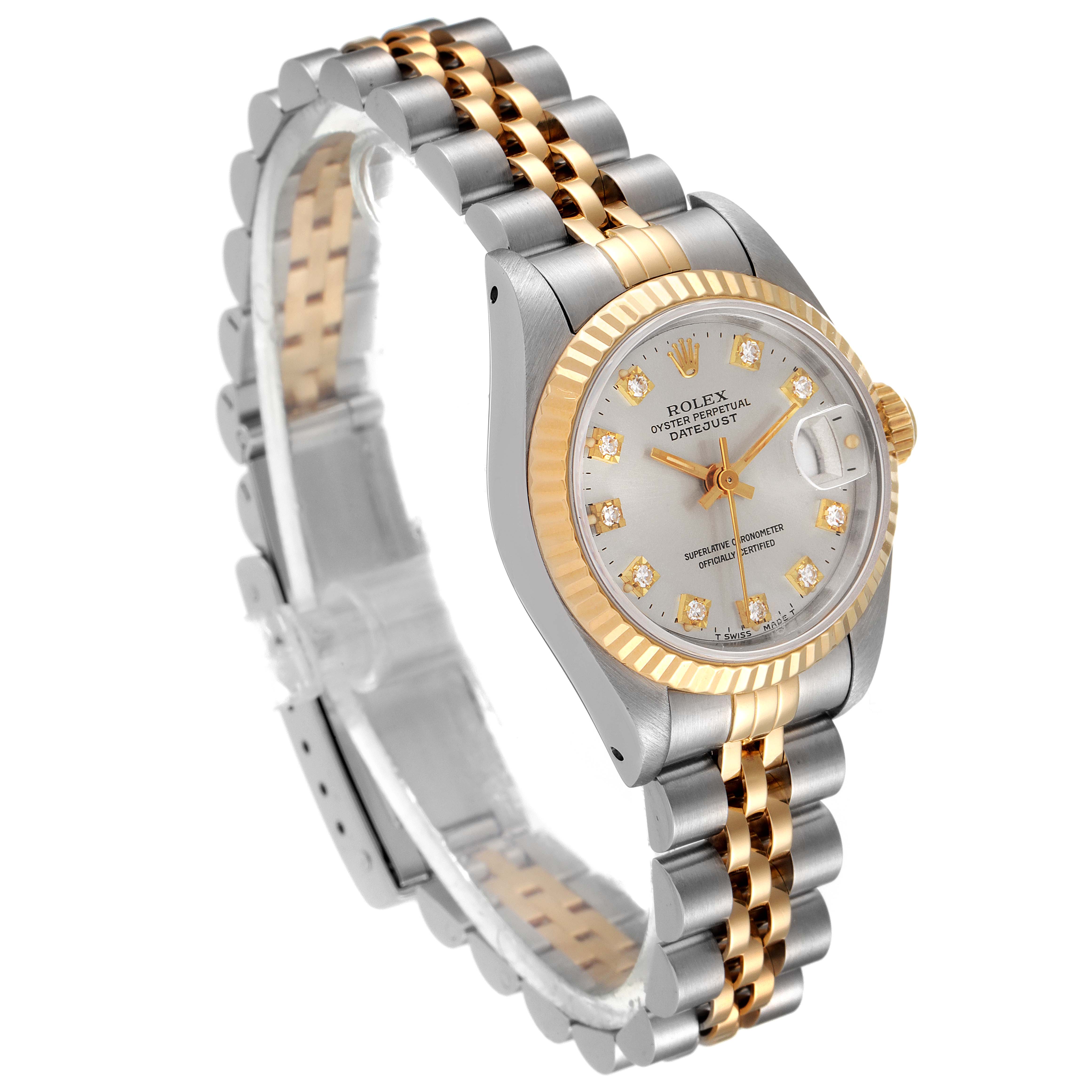 The Rolex Datejust 69173 Women
s Steel and Gold (two tone) Silver Dial 69173 Women
s Steel and Gold (two tone) Silver Dial watch is shown at a three-quarter angle highlighting its bracelet, bezel, and dial.
