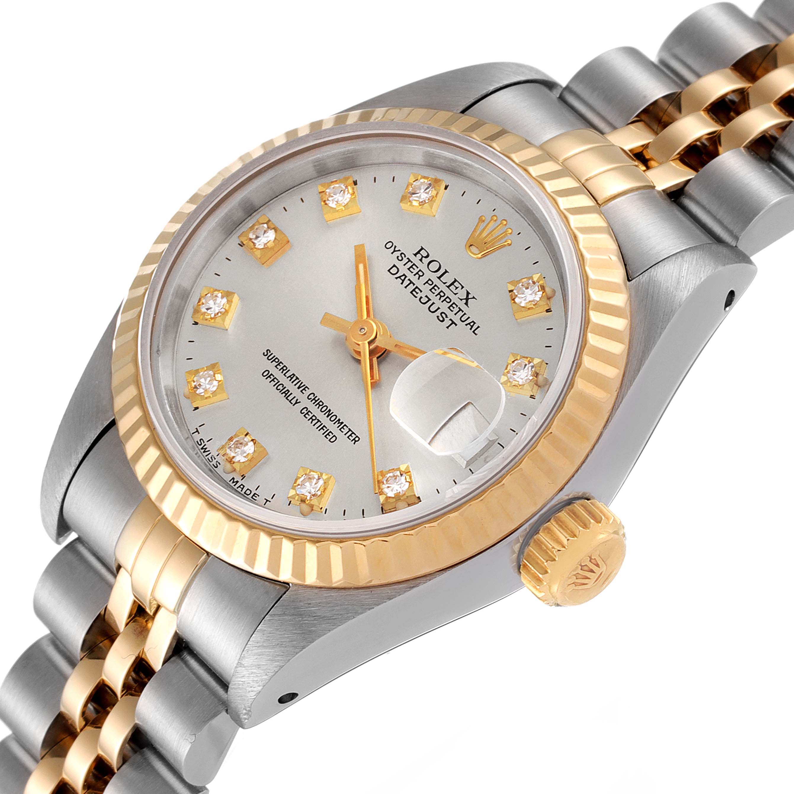 The Rolex Datejust 69173 Women
s Steel and Gold (two tone) Silver Dial 69173 Women
s Steel and Gold (two tone) Silver Dial watch is shown at a slight angle, highlighting the dial, bezel, crown, and part of the bracelet.