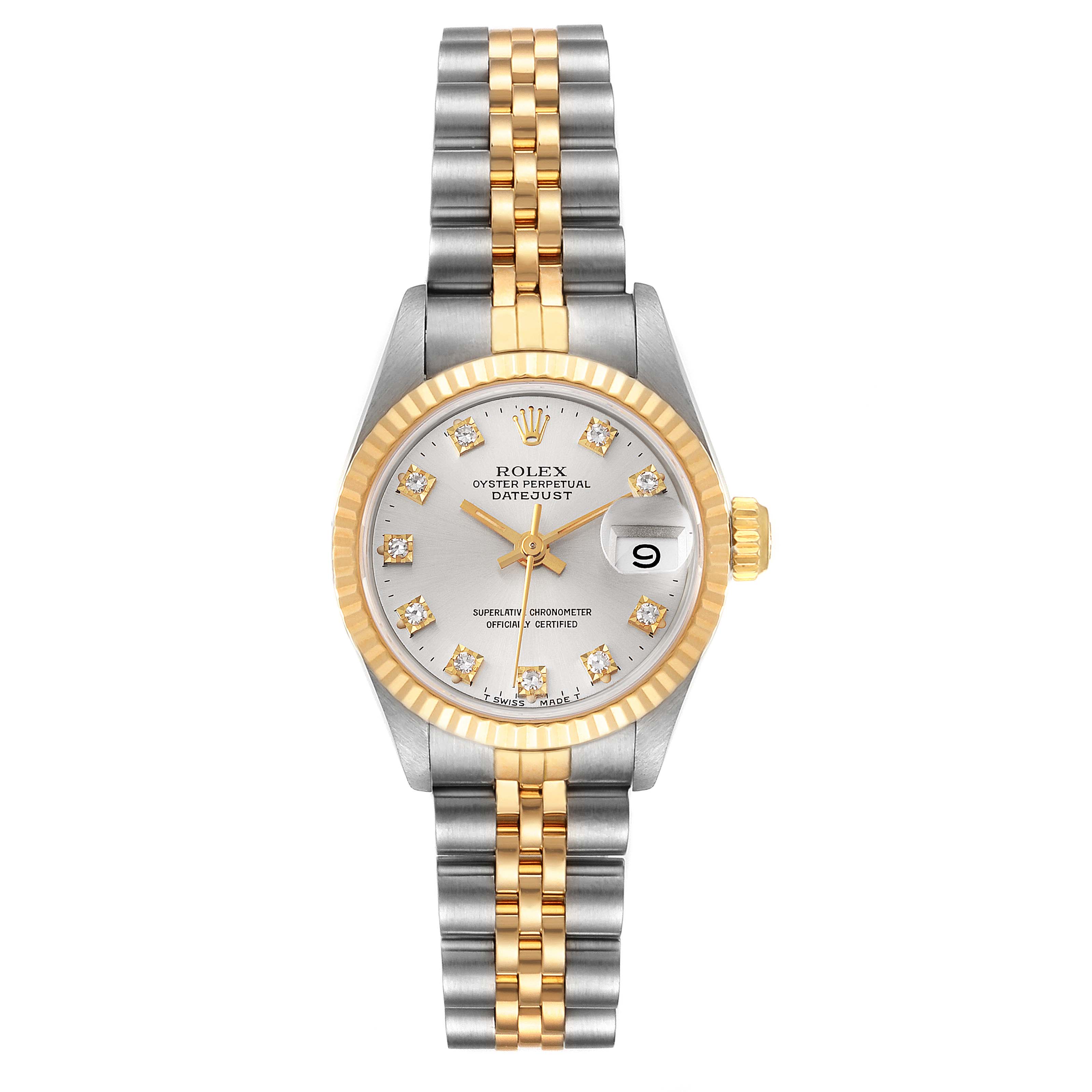 The image shows a front view of a Rolex Datejust 69173 Women
s Steel and Gold (two tone) Silver Dial 69173 Women
s Steel and Gold (two tone) Silver Dial watch displaying the dial, bezel, and bracelet.
