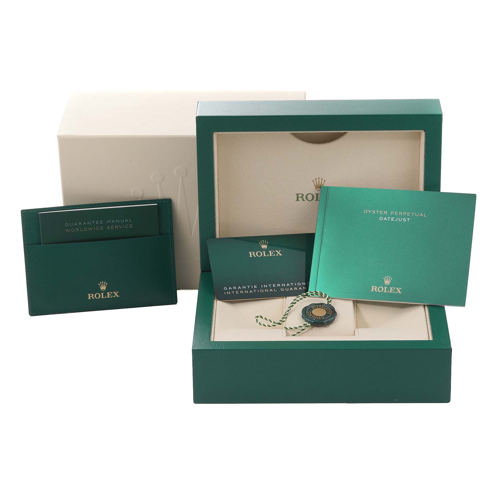 The image shows the packaging and accessories of a Rolex Datejust 279174 Women's Stainless Steel Grey Dial 279174 Women's Stainless Steel Grey Dial, including a box, warranty card, manuals, and a tag.