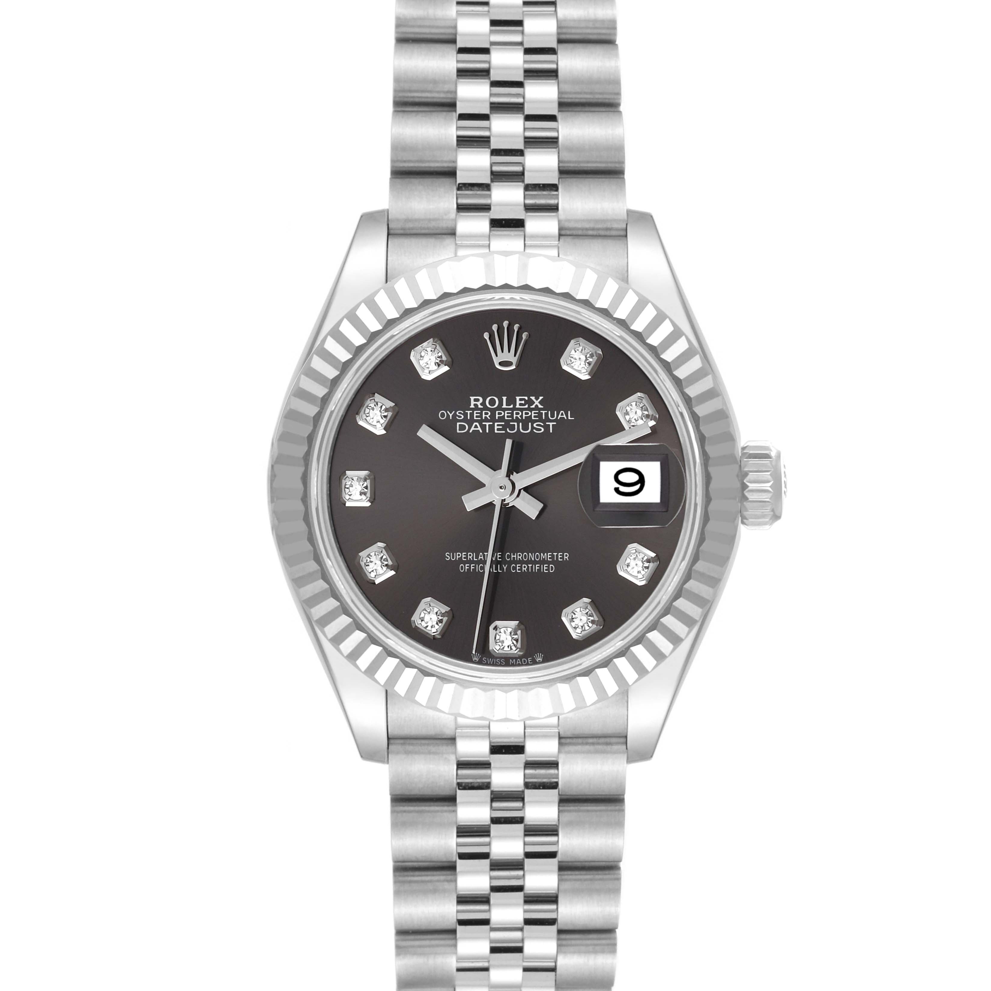 The image showcases a Rolex Datejust 279174 Women's Stainless Steel Grey Dial 279174 Women's Stainless Steel Grey Dial watch from a front view, highlighting its dial, bracelet, and crown.