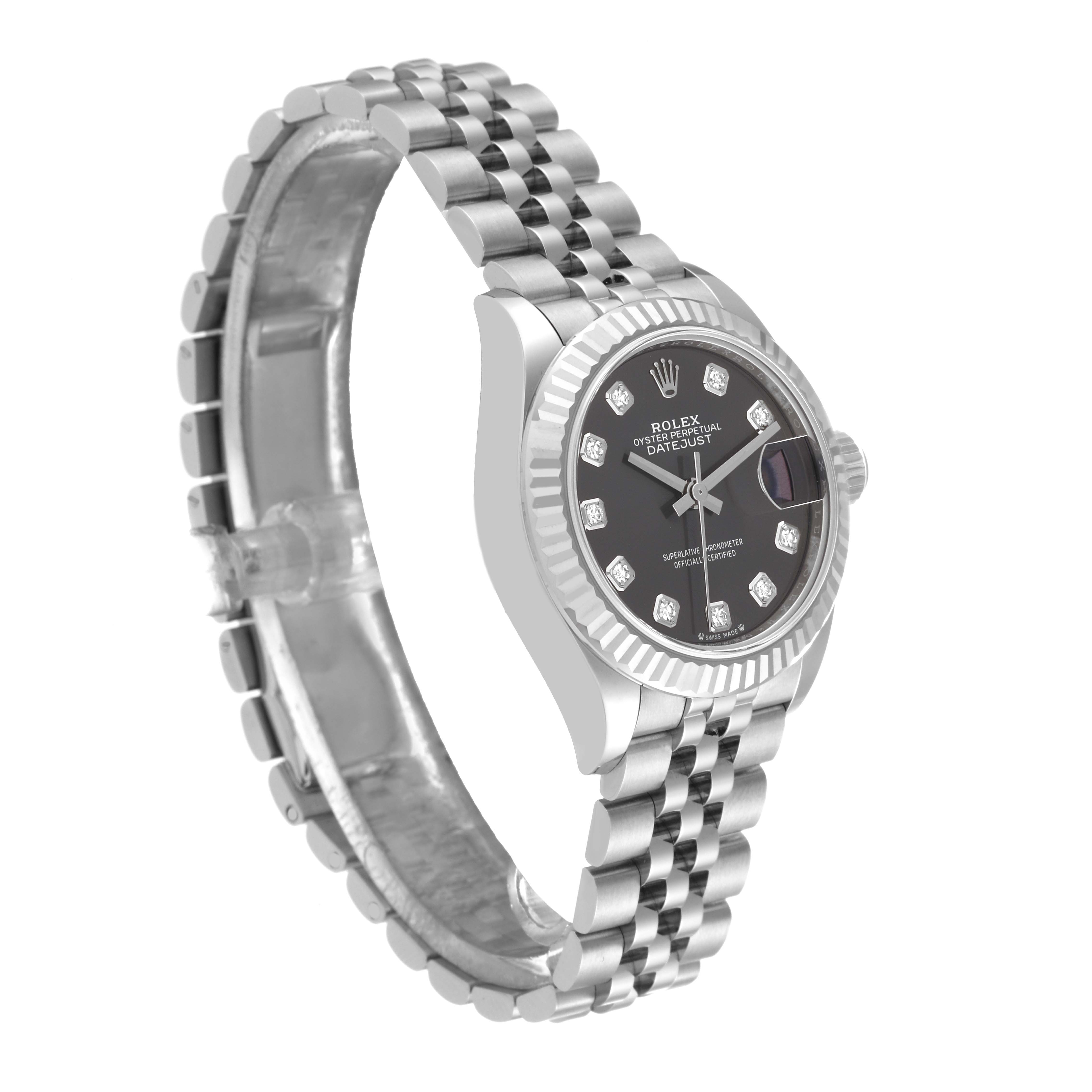 The Rolex Datejust 279174 Women's Stainless Steel Grey Dial 279174 Women's Stainless Steel Grey Dial watch is shown at a slight angle, highlighting its face, bezel, and metal bracelet.