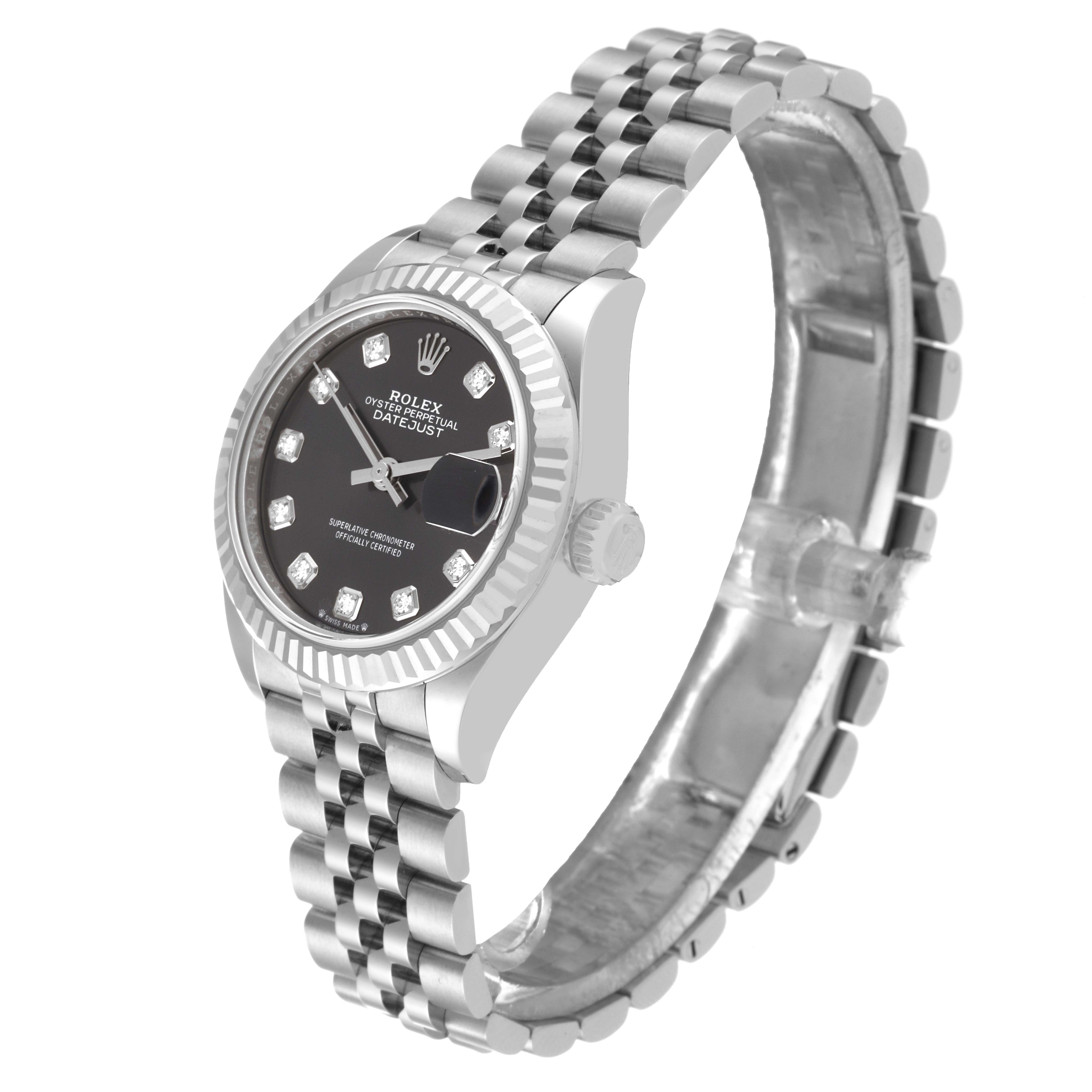 The Rolex Datejust 279174 Women's Stainless Steel Grey Dial 279174 Women's Stainless Steel Grey Dial watch is shown at a three-quarter angle, highlighting its face, case, crown, and bracelet.