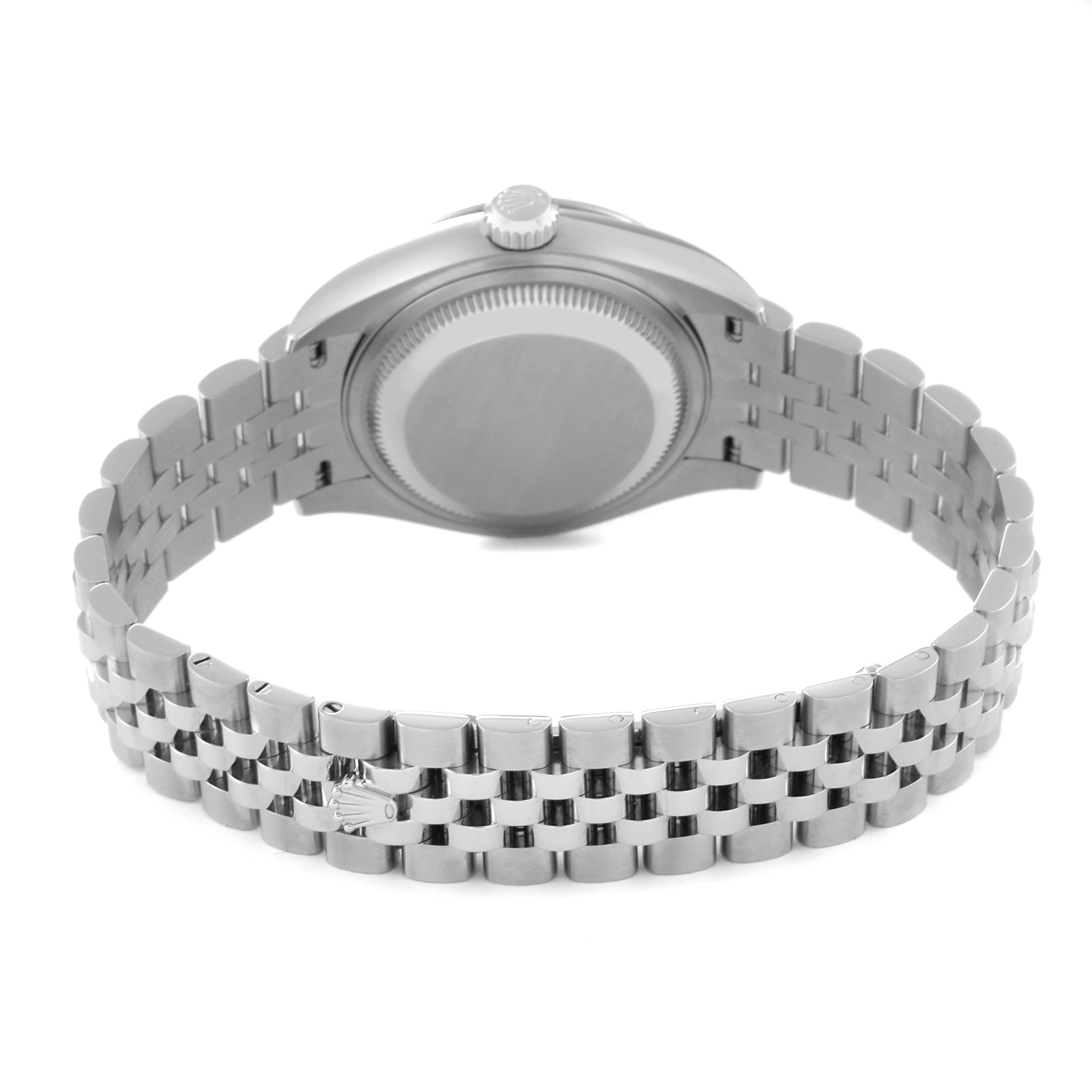 The image shows the back view of a Rolex Datejust 279174 Women's Stainless Steel Grey Dial 279174 Women's Stainless Steel Grey Dial watch focusing on the bracelet and case back.