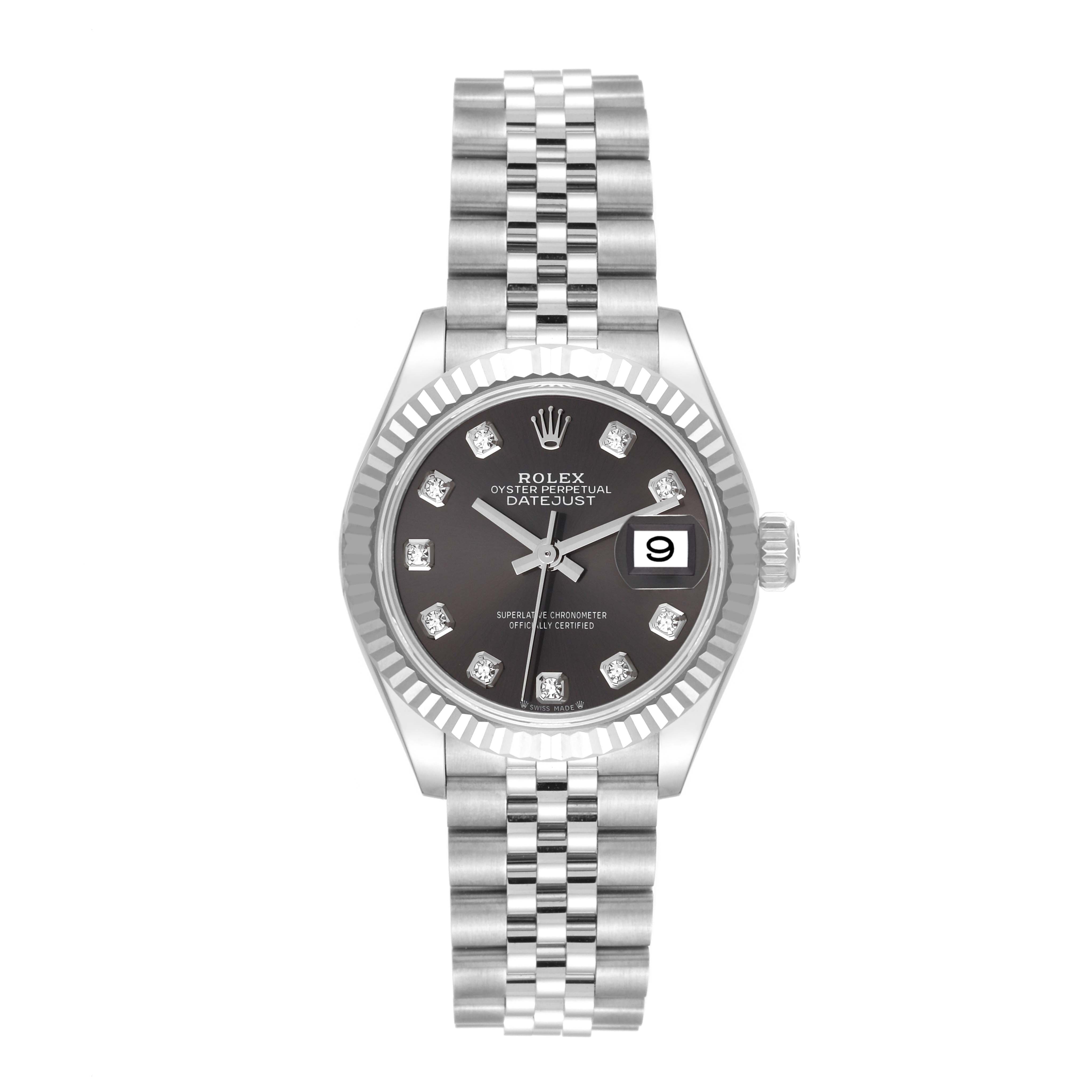 The image shows a front view of a Rolex Datejust 279174 Women's Stainless Steel Grey Dial 279174 Women's Stainless Steel Grey Dial watch, highlighting the dial, bezel, bracelet, and date window.
