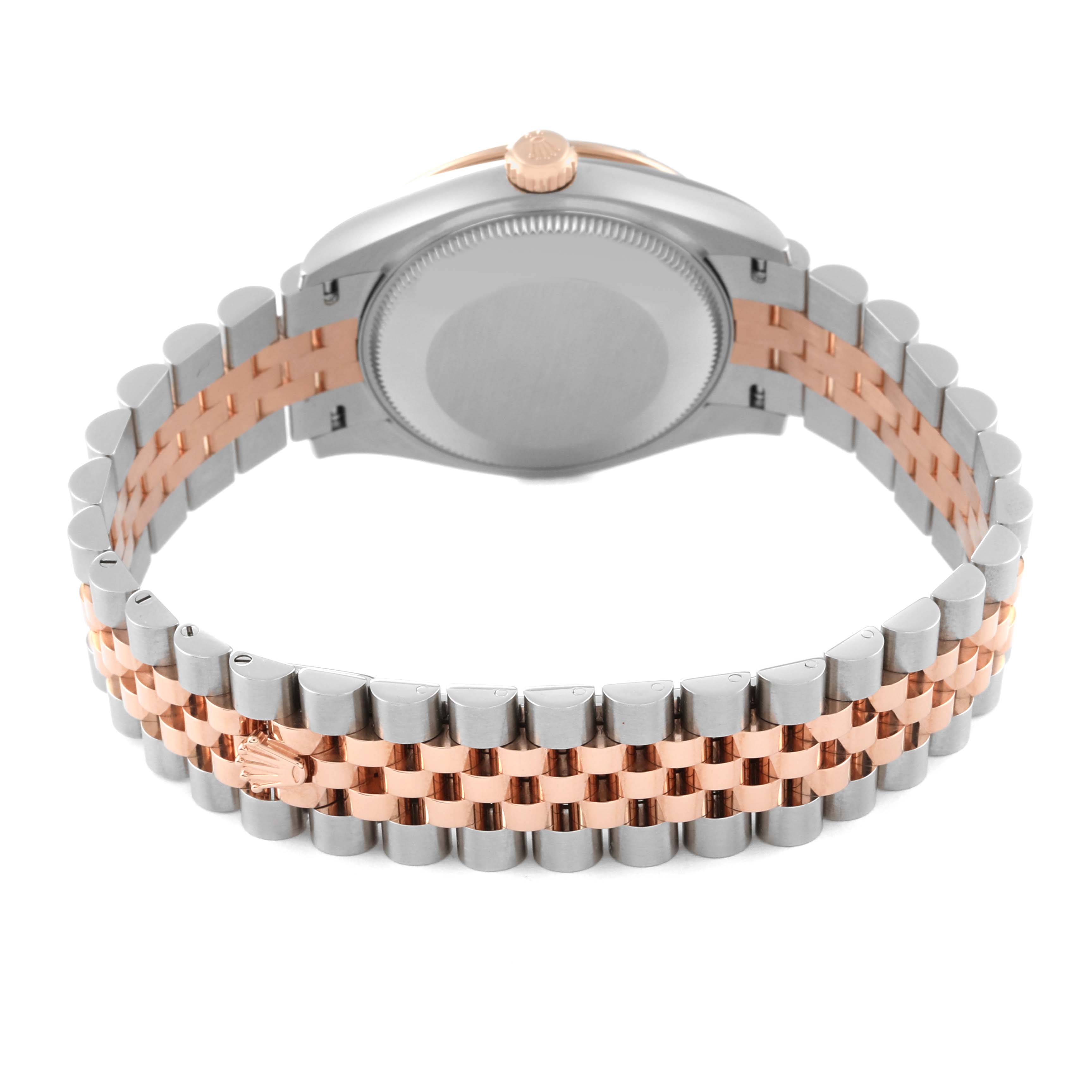 This image shows the back of the Rolex Mid-Size 278341RBR Women
s Steel and Gold (two tone) Silver Dial 278341RBR Women
s Steel and Gold (two tone) Silver Dial model, featuring its two-tone jubilee bracelet and the case back.