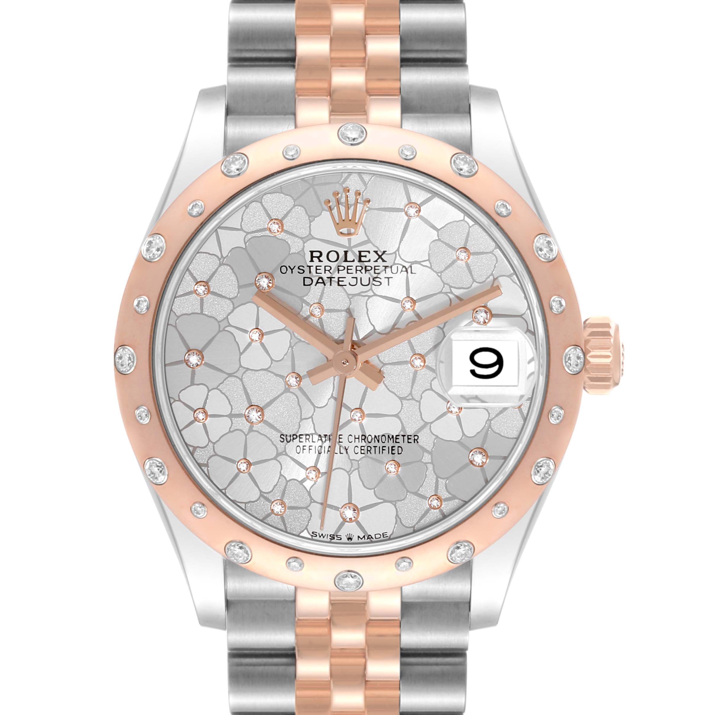 The image shows a front view of a mid-size Rolex Datejust watch, highlighting its two-tone bracelet and diamond-accented floral dial.