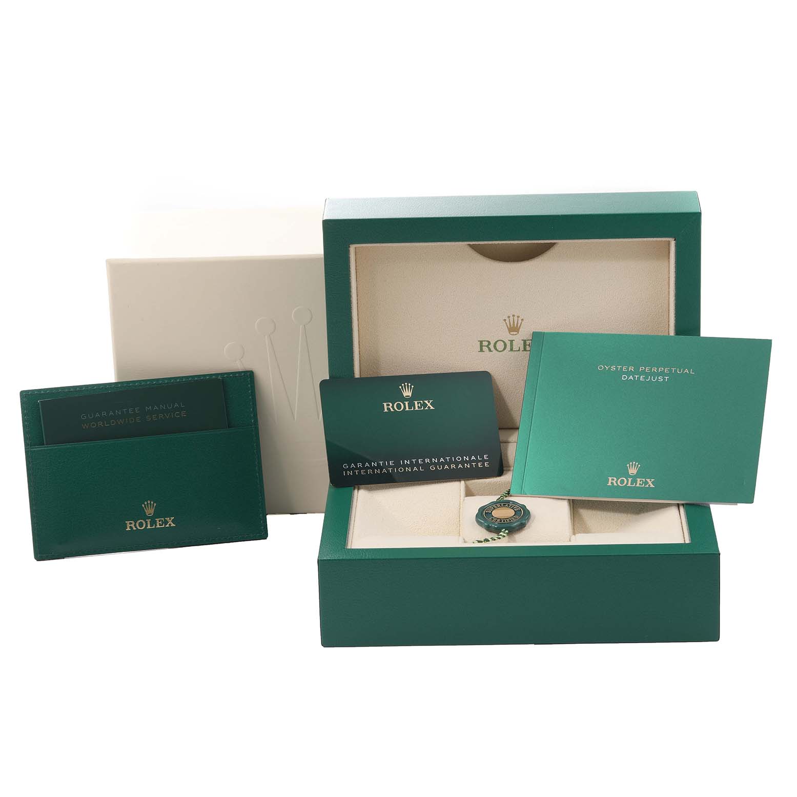 The image shows Rolex Mid-Size 278341RBR Women
s Steel and Gold (two tone) Silver Dial 278341RBR Women
s Steel and Gold (two tone) Silver Dial watch accessories, including the box, warranty card, manuals, and a green Rolex seal.