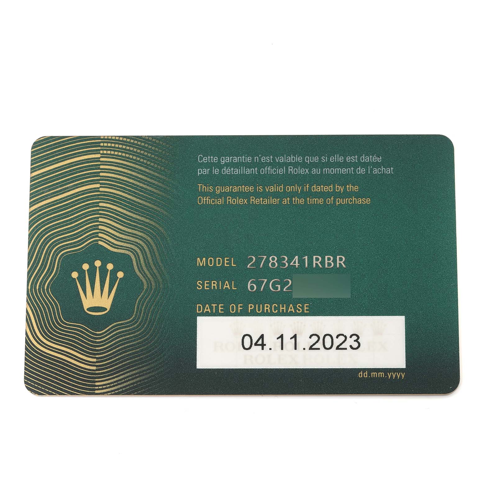 The image shows a warranty card for a Rolex Mid-Size 278341RBR Women
s Steel and Gold (two tone) Silver Dial 278341RBR Women
s Steel and Gold (two tone) Silver Dial model 278341RBR watch, listing the serial number and purchase date.
