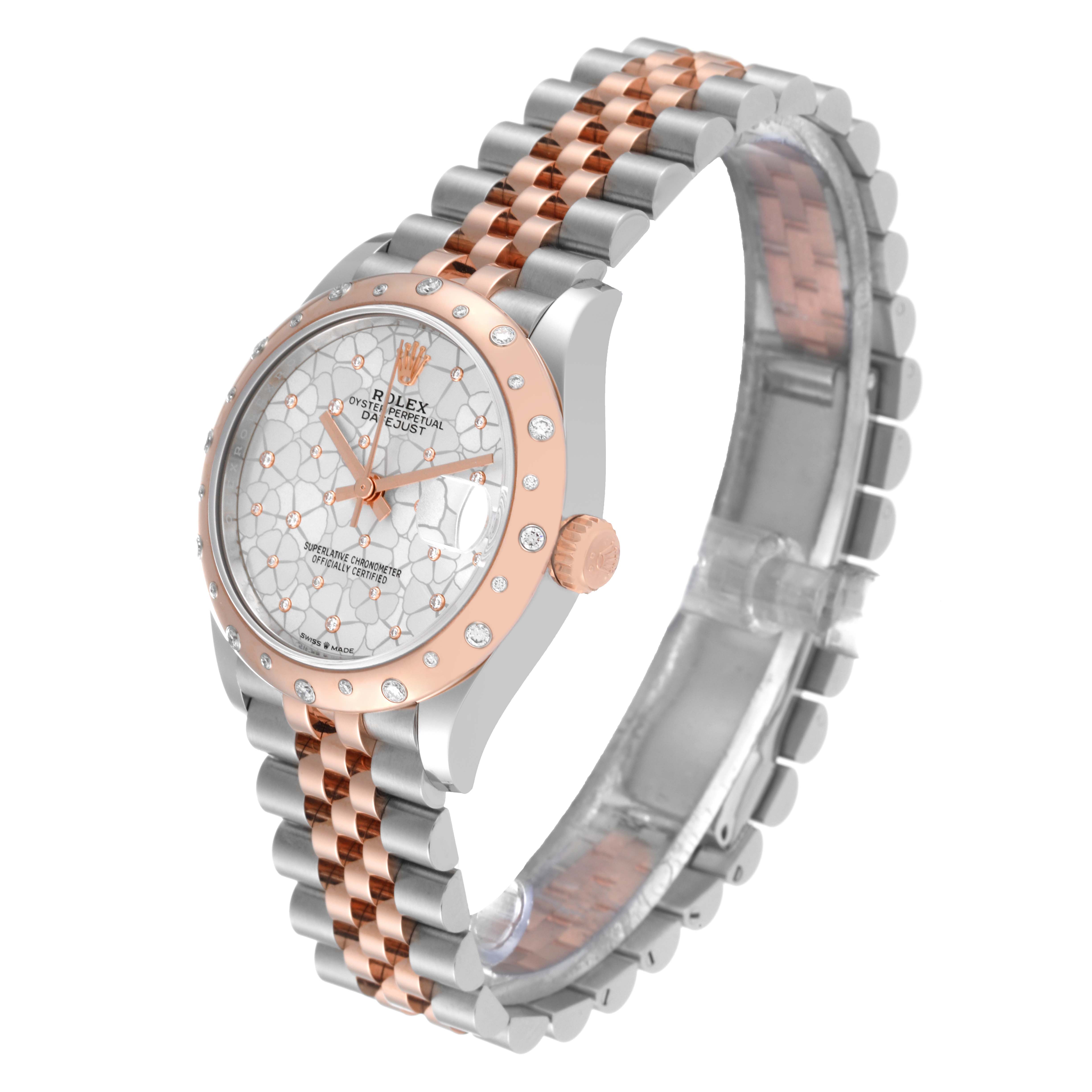 The image displays a Rolex Mid-Size 278341RBR Women
s Steel and Gold (two tone) Silver Dial 278341RBR Women
s Steel and Gold (two tone) Silver Dial Oyster Perpetual Datejust watch from a three-quarter angle, highlighting the dial, bezel, and bracelet.