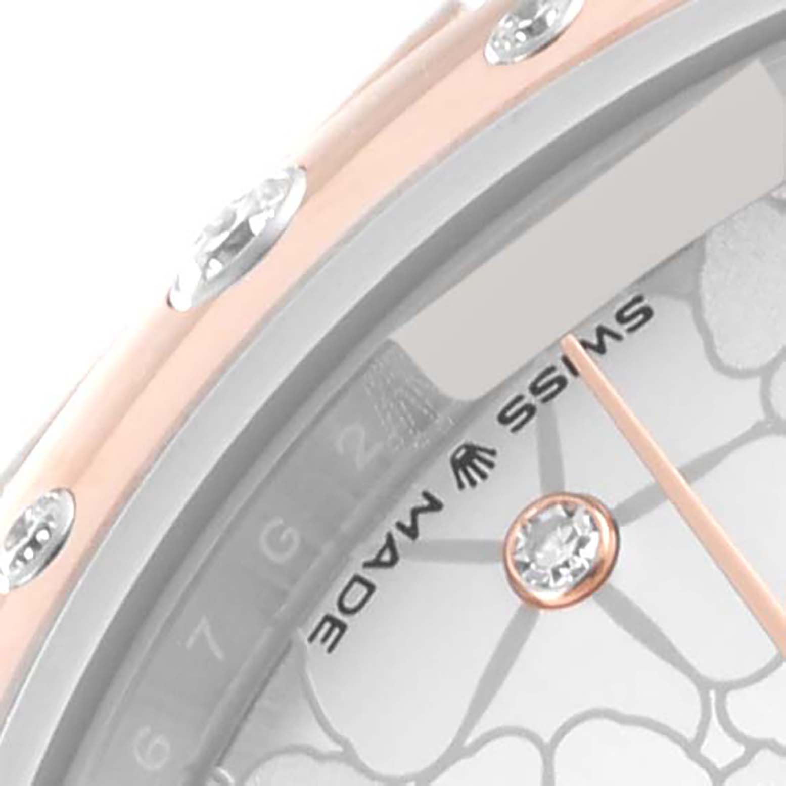 The close-up image shows the bezel, part of the dial with "Swiss Made," and diamond markers of the Rolex Mid-Size 278341RBR Women
s Steel and Gold (two tone) Silver Dial 278341RBR Women
s Steel and Gold (two tone) Silver Dial model watch.