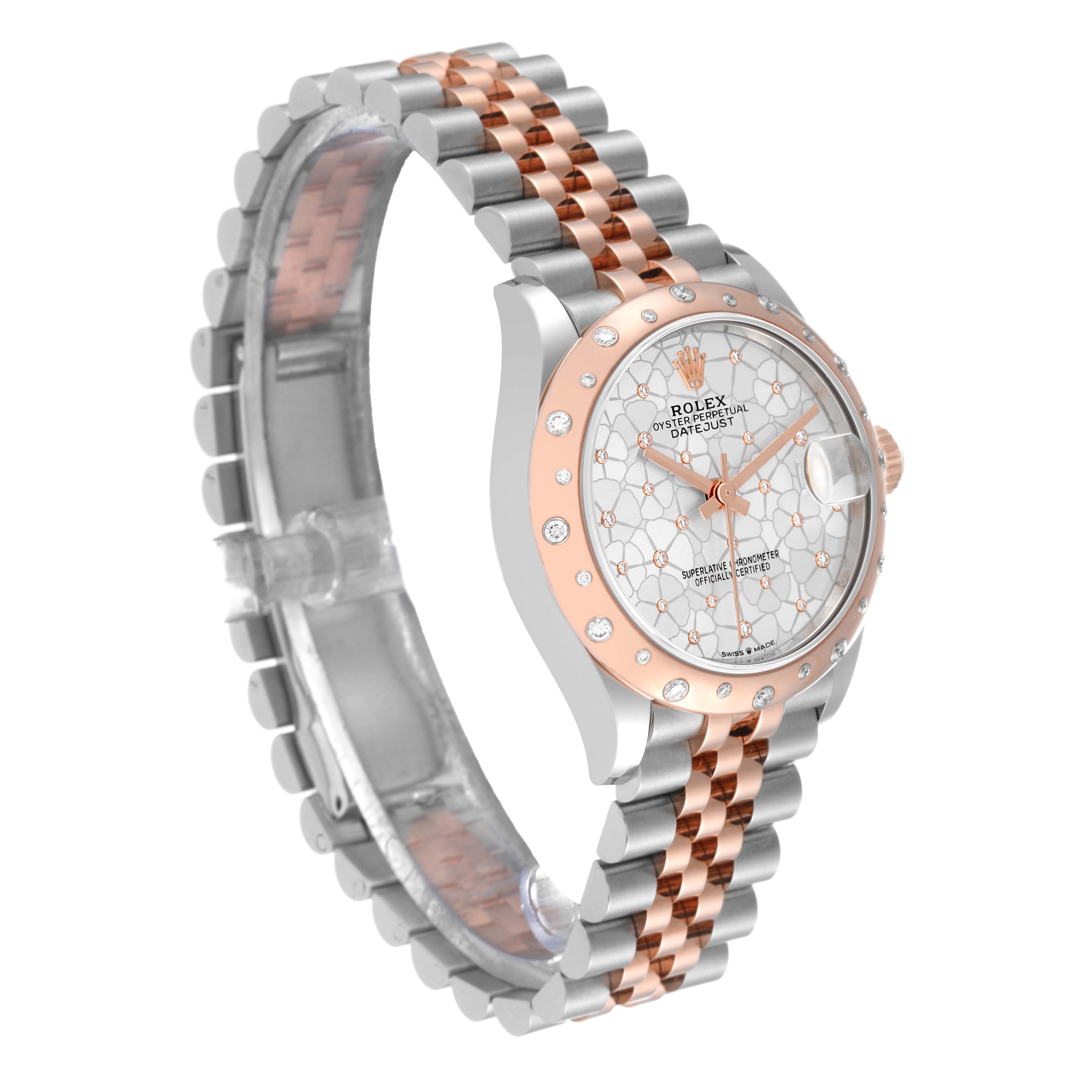 The Rolex Mid-Size 278341RBR Women
s Steel and Gold (two tone) Silver Dial 278341RBR Women
s Steel and Gold (two tone) Silver Dial watch is shown at a three-quarter angle, highlighting the dial, bezel, case, and band.