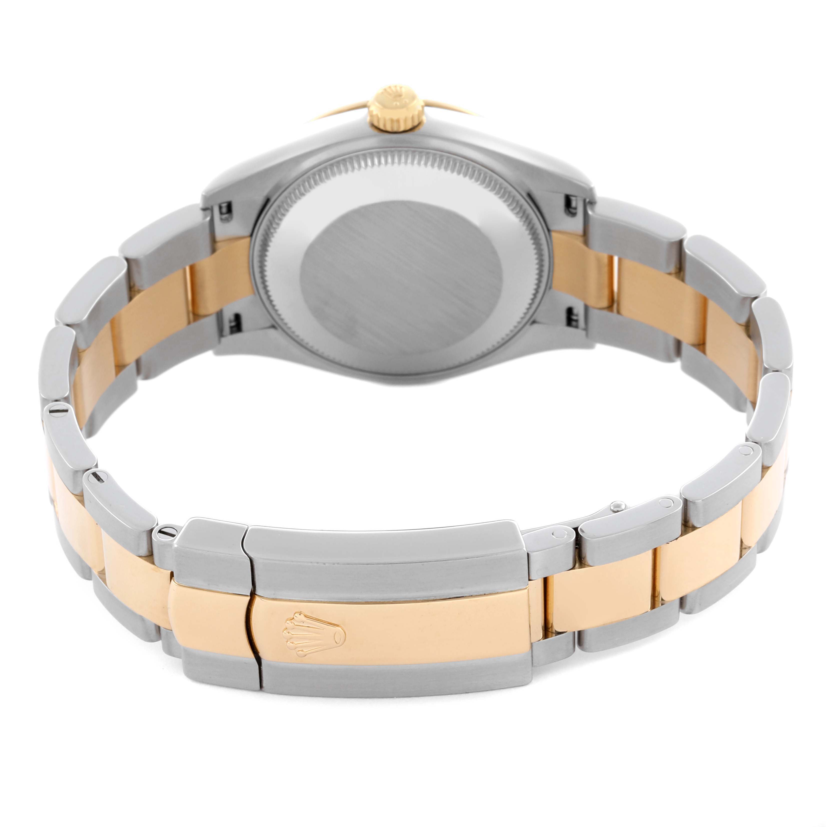 The image shows the back view of a Rolex Mid-Size 278273 Women's Steel and Gold (two tone) Green Dial 278273 Women's Steel and Gold (two tone) Green Dial watch, highlighting the case, crown, and two-tone bracelet.