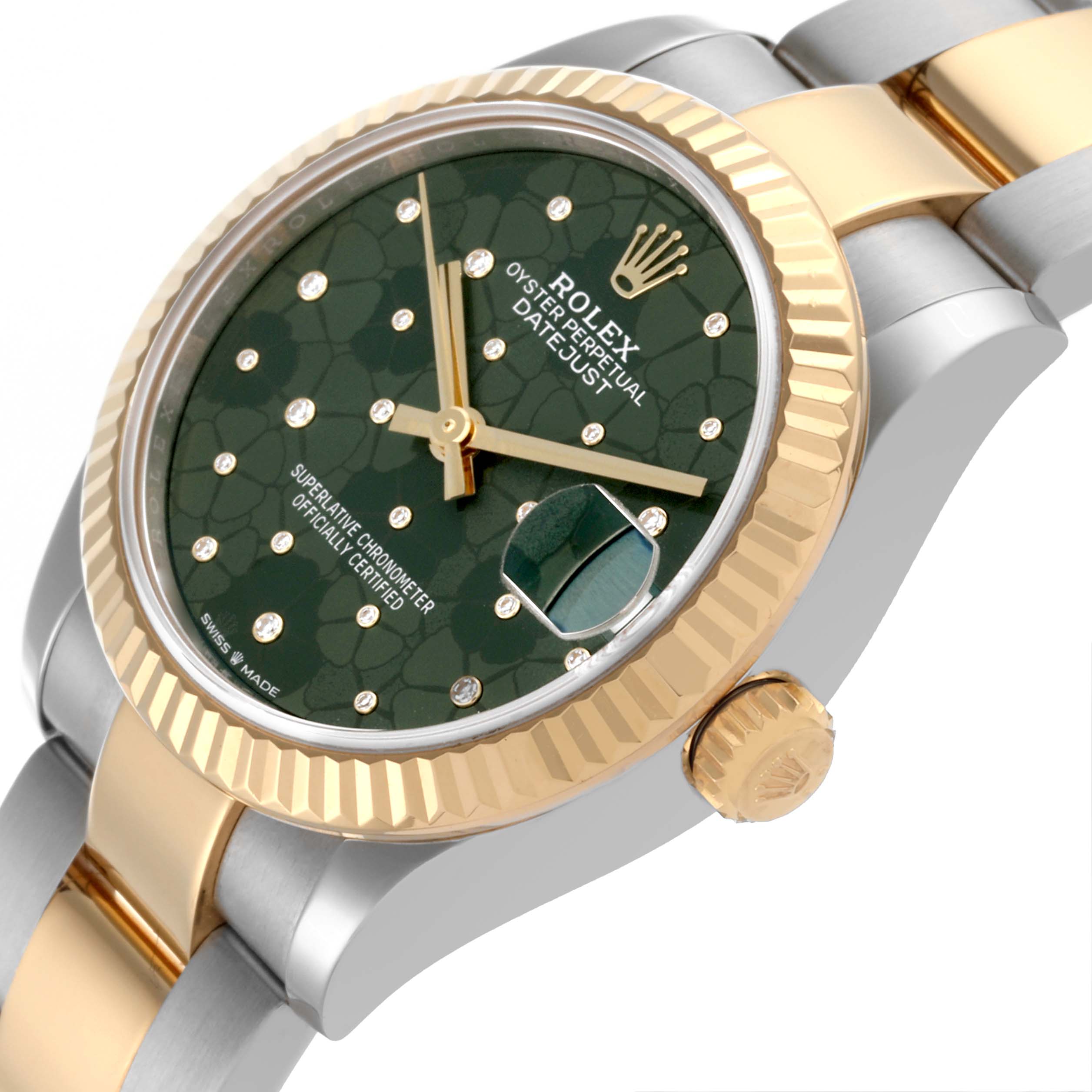 The Rolex Mid-Size 278273 Women's Steel and Gold (two tone) Green Dial 278273 Women's Steel and Gold (two tone) Green Dial watch is shown at an angle displaying the green dial, gold crown, and two-tone bracelet.