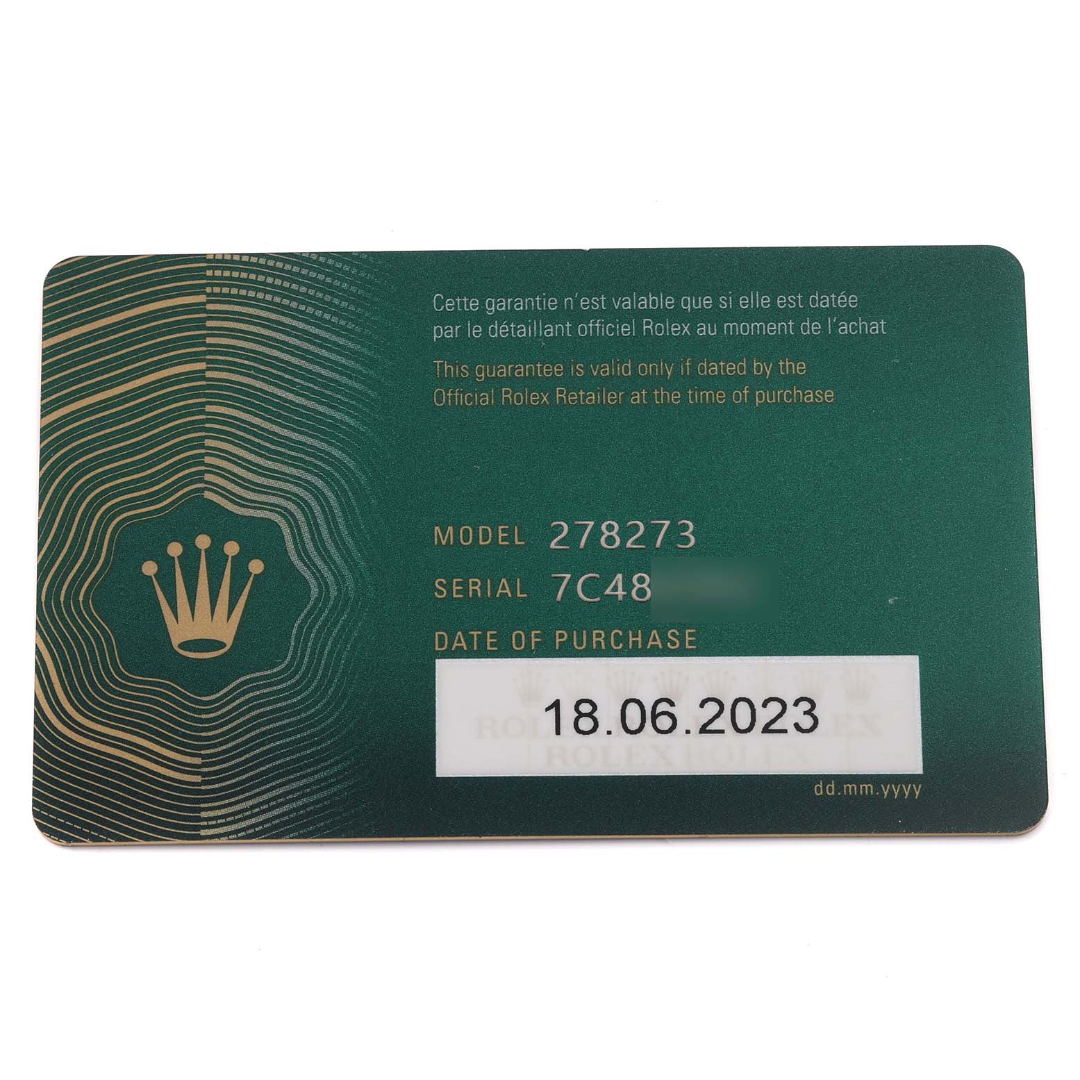 The image shows a Rolex guarantee card for the Mid-Size model 278273, including the serial number and purchase date.