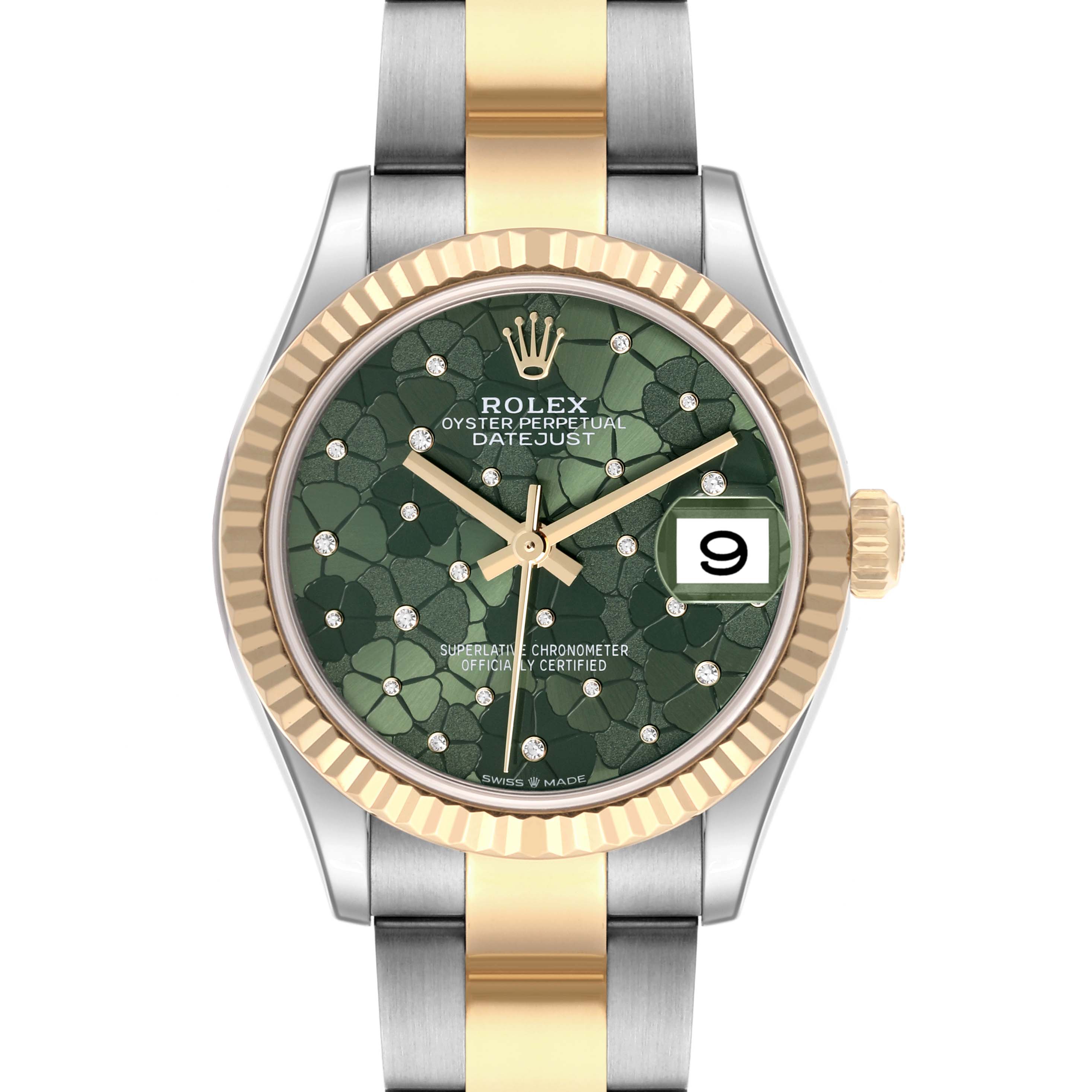 The Rolex Mid-Size 278273 Women's Steel and Gold (two tone) Green Dial 278273 Women's Steel and Gold (two tone) Green Dial watch is shown from the front, displaying the dial, bezel, and part of the bracelet.