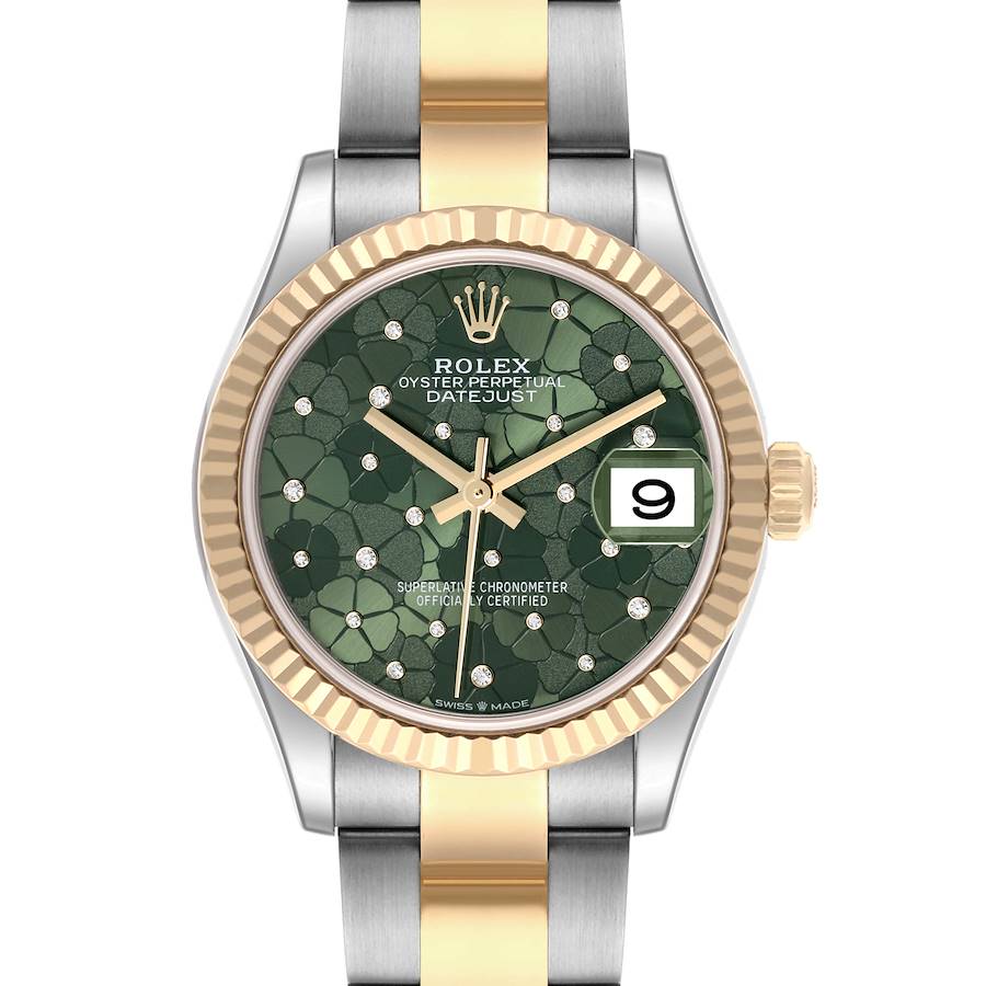 The Rolex Mid-Size watch is shown from the front, displaying the dial, bezel, and part of the bracelet.