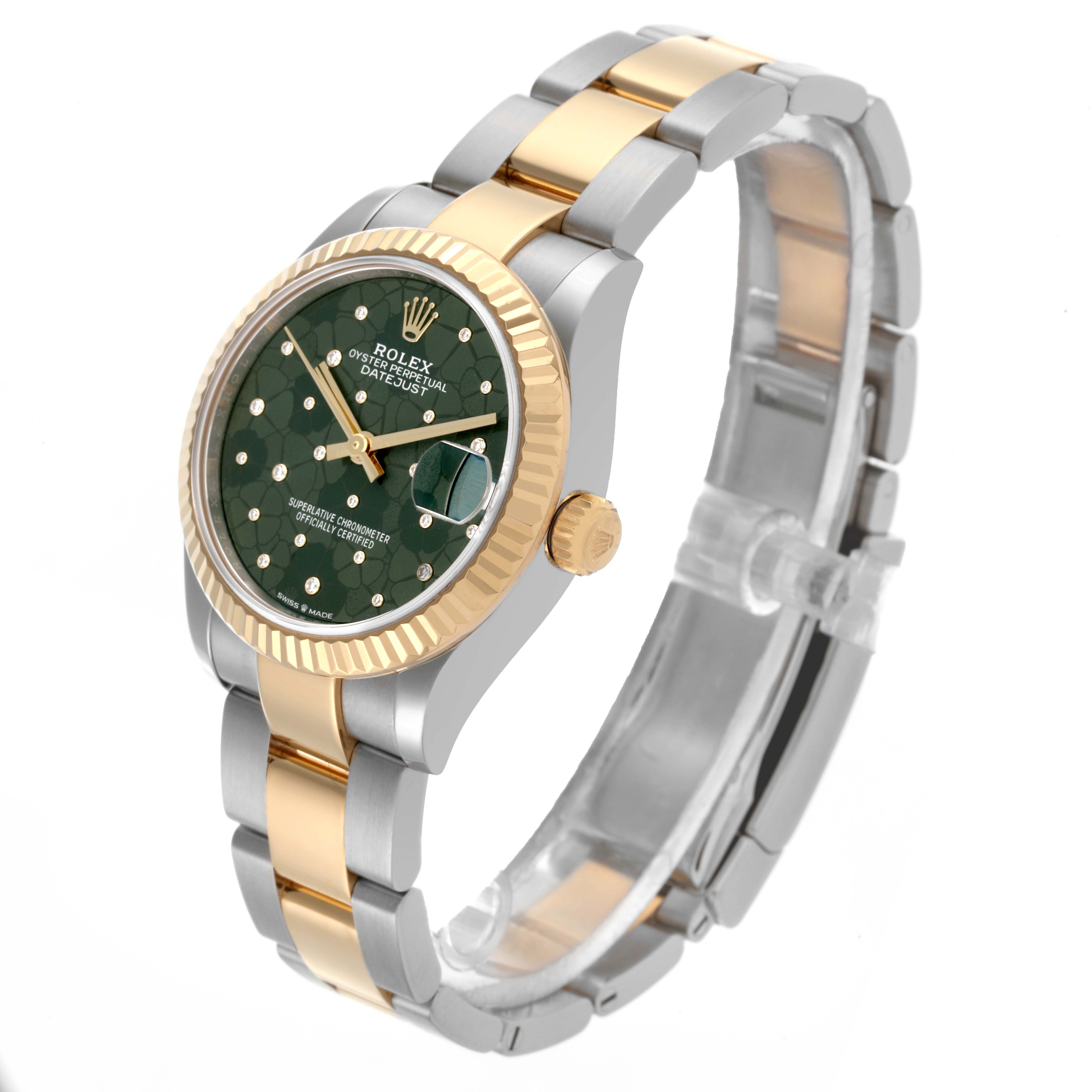 The Rolex Mid-Size 278273 Women's Steel and Gold (two tone) Green Dial 278273 Women's Steel and Gold (two tone) Green Dial watch is shown at a three-quarter angle, highlighting the gold and silver bracelet, bezel, and green dial.