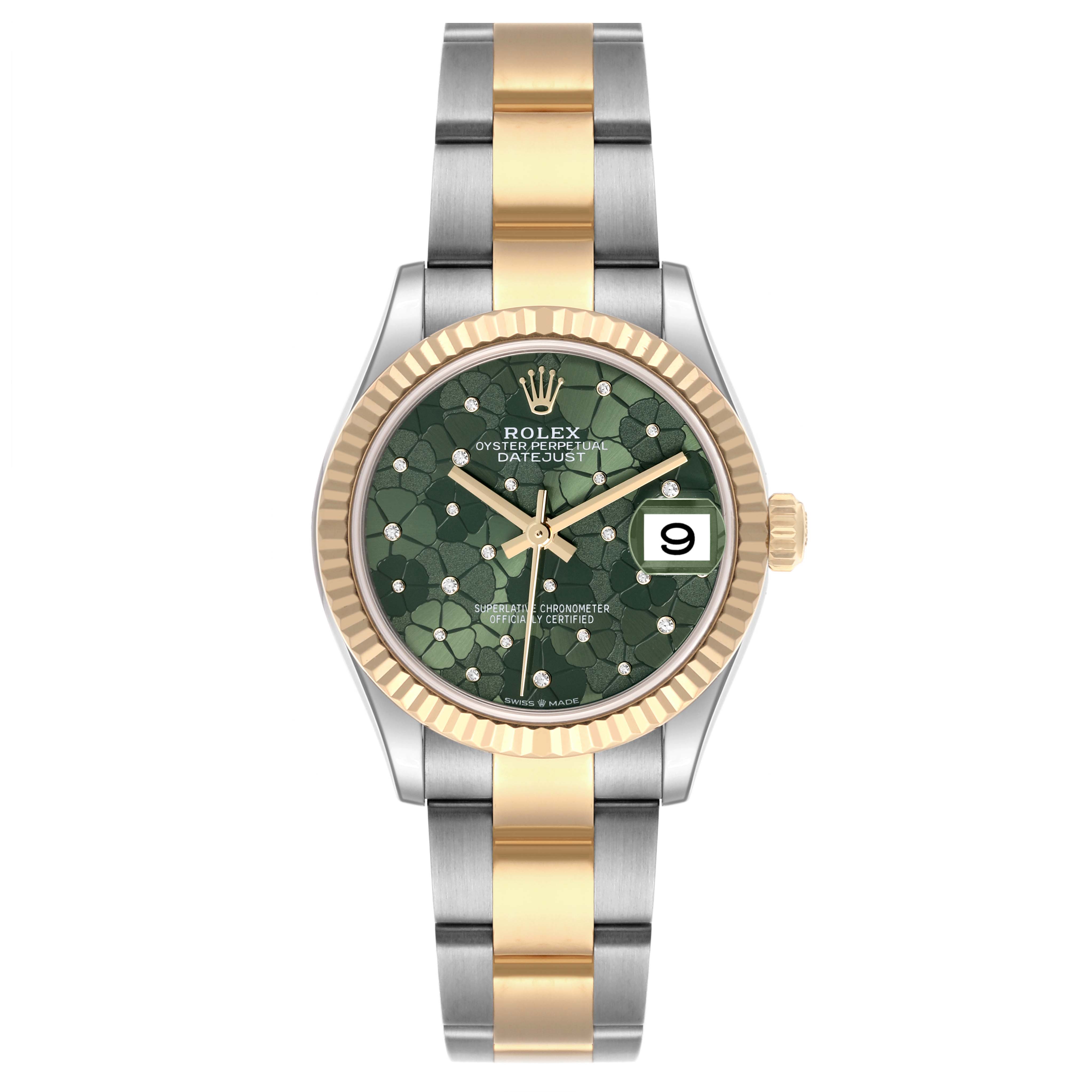 The Rolex Mid-Size 278273 Women's Steel and Gold (two tone) Green Dial 278273 Women's Steel and Gold (two tone) Green Dial watch is shown from the front, displaying its green dial, gold bezel, and two-tone bracelet.