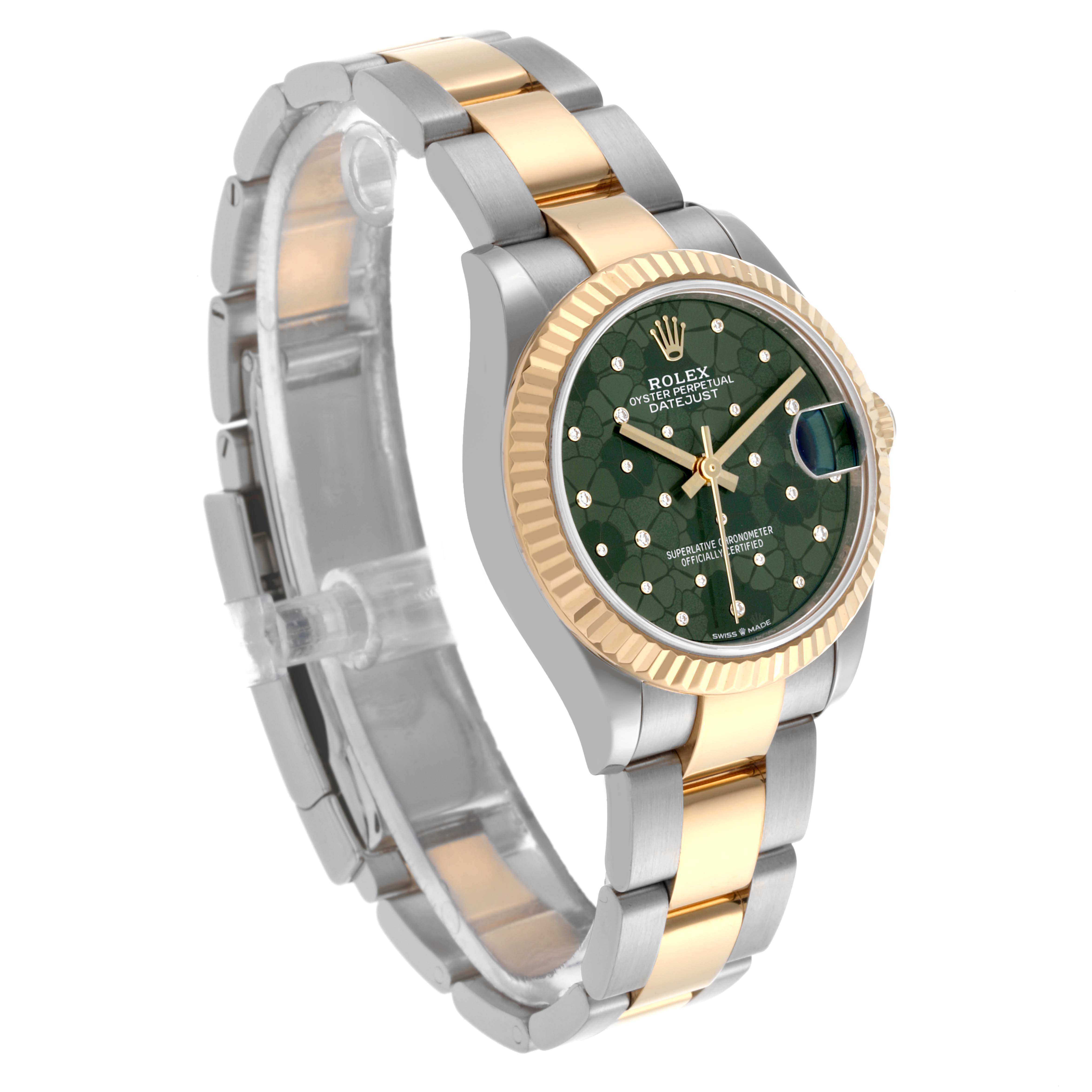 The Rolex Mid-Size 278273 Women's Steel and Gold (two tone) Green Dial 278273 Women's Steel and Gold (two tone) Green Dial model is shown at a side angle, highlighting the green dial, gold bezel, and two-tone bracelet.