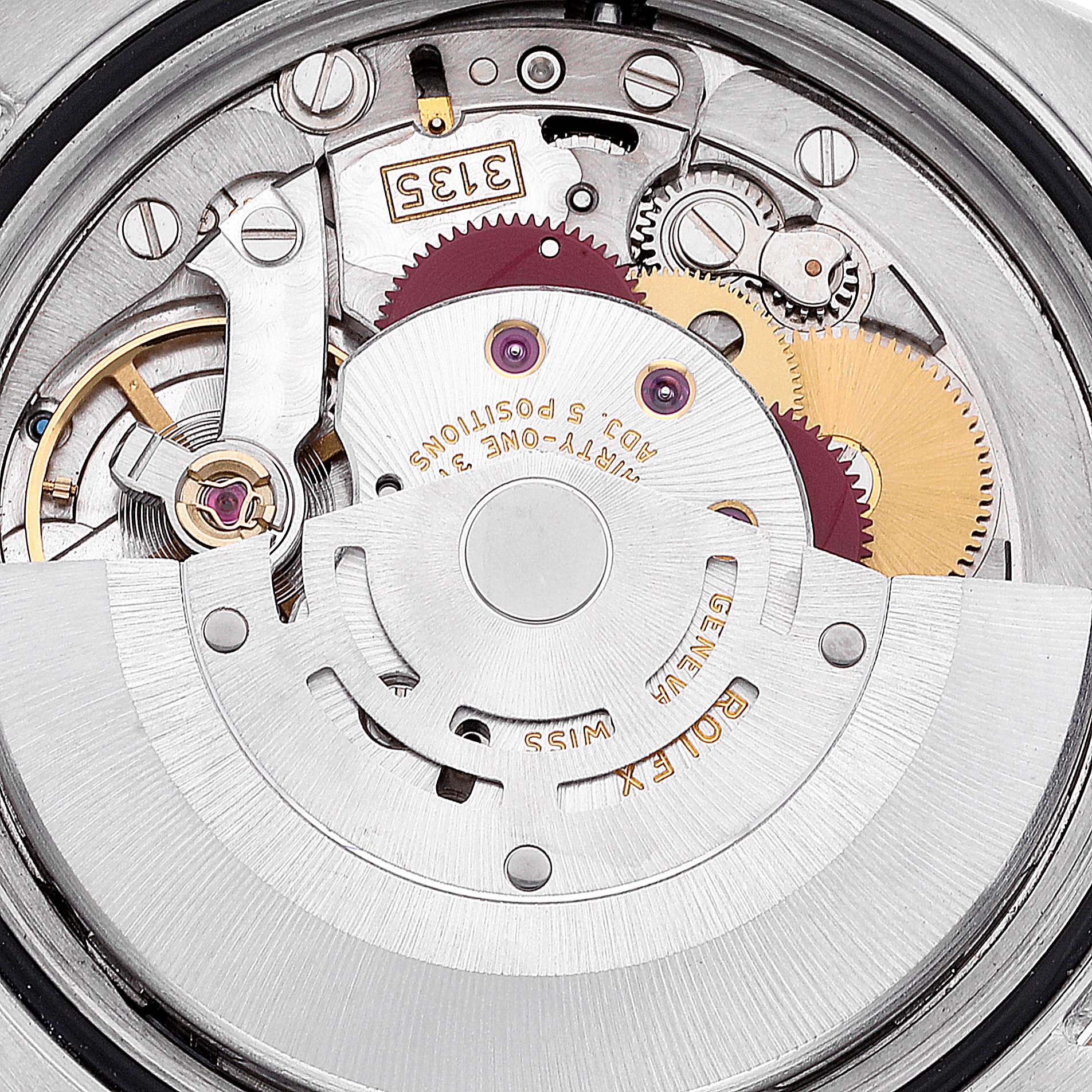 The image shows the internal movement mechanism of a Rolex Datejust 116231 Men's Steel and Gold (two tone) Black Dial 116231 Men's Steel and Gold (two tone) Black Dial watch, highlighting gears and intricate components.