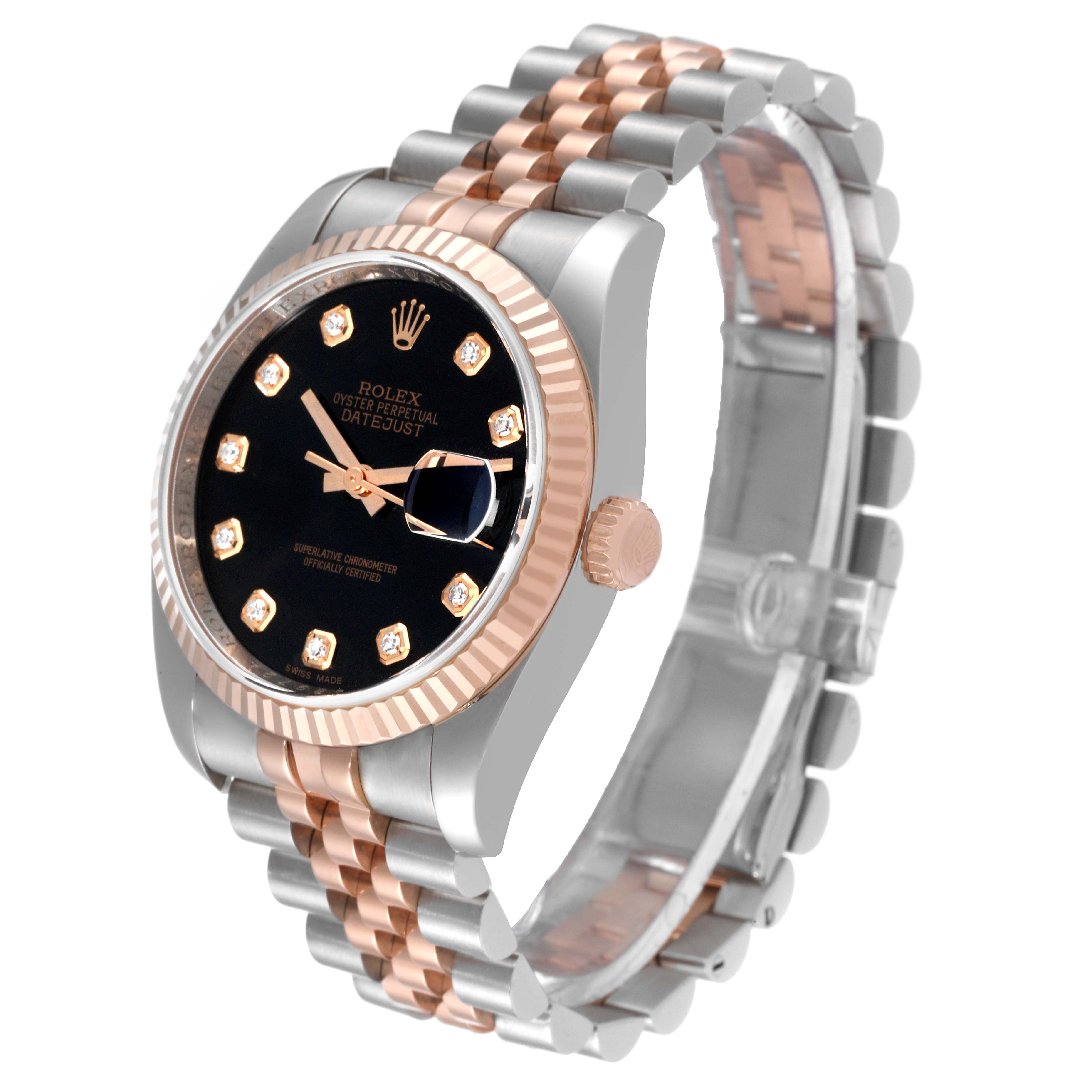 The image shows a Rolex Datejust 116231 Men's Steel and Gold (two tone) Black Dial 116231 Men's Steel and Gold (two tone) Black Dial watch at an angled side view, highlighting the face, bezel, crown, and two-tone bracelet.