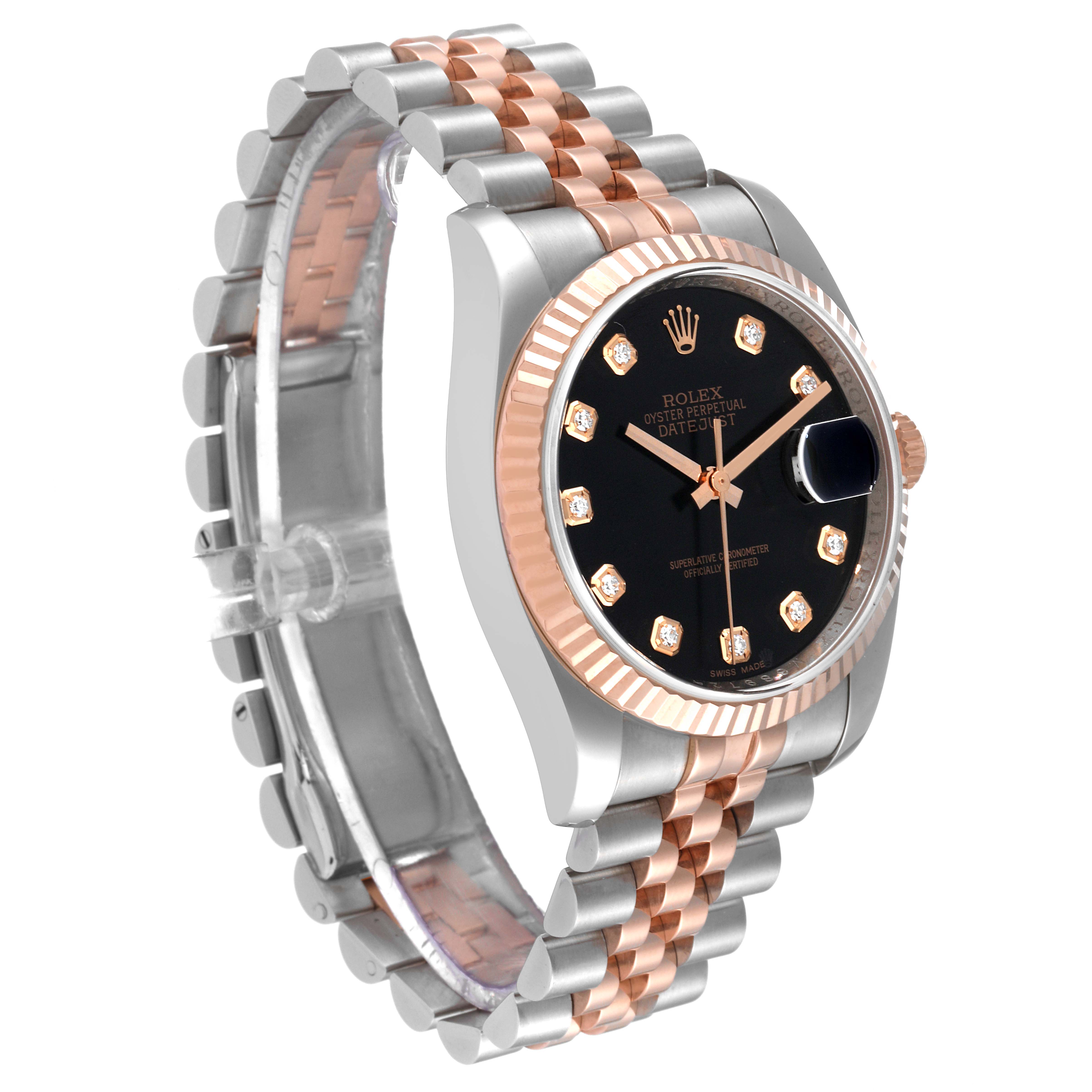 The Rolex Datejust 116231 Men's Steel and Gold (two tone) Black Dial 116231 Men's Steel and Gold (two tone) Black Dial watch is shown at a three-quarter angle, featuring a two-tone band, fluted bezel, and black dial with diamond hour markers.