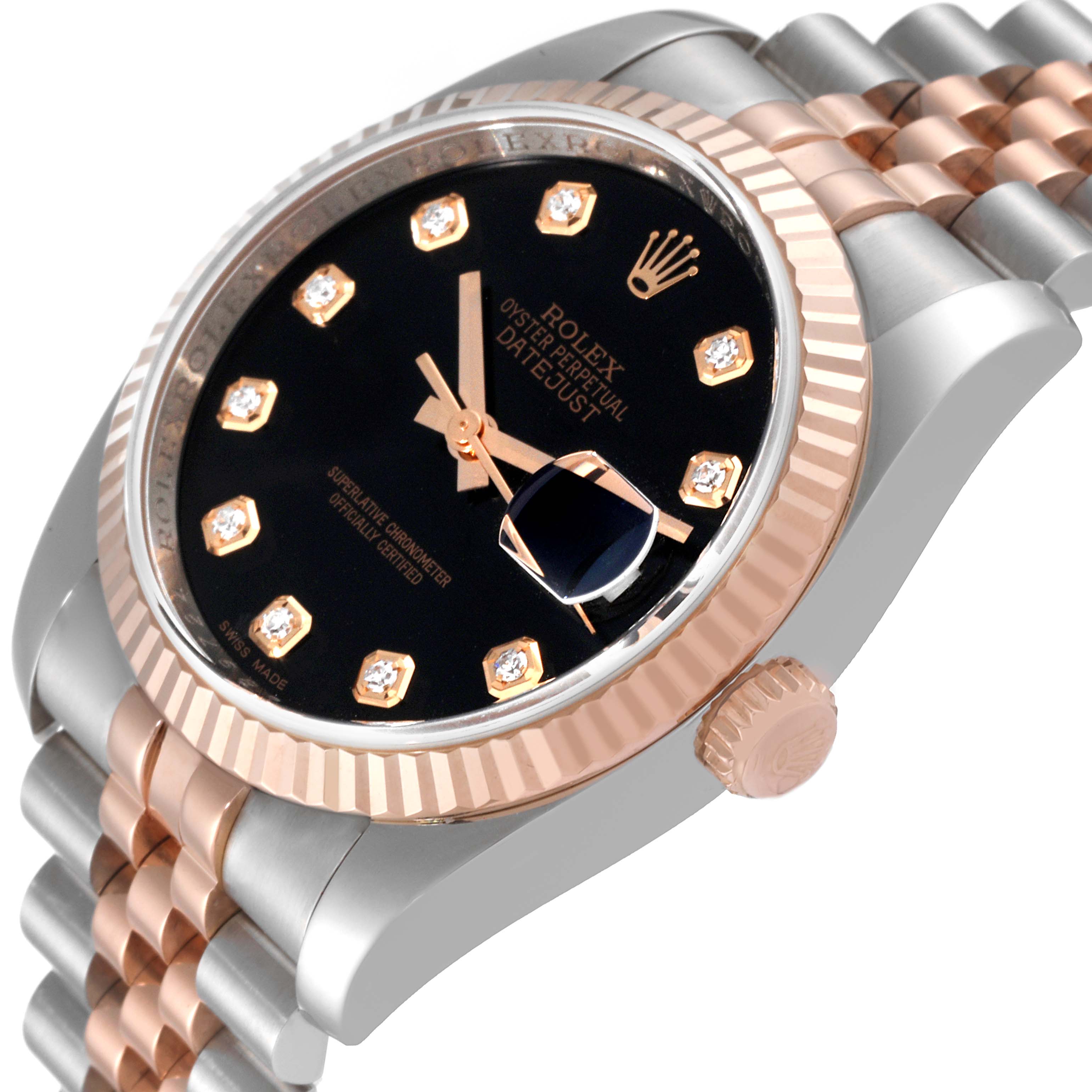 This image shows an angled view of the Rolex Datejust 116231 Men's Steel and Gold (two tone) Black Dial 116231 Men's Steel and Gold (two tone) Black Dial watch, highlighting the face, bezel, crown, and part of the bracelet.