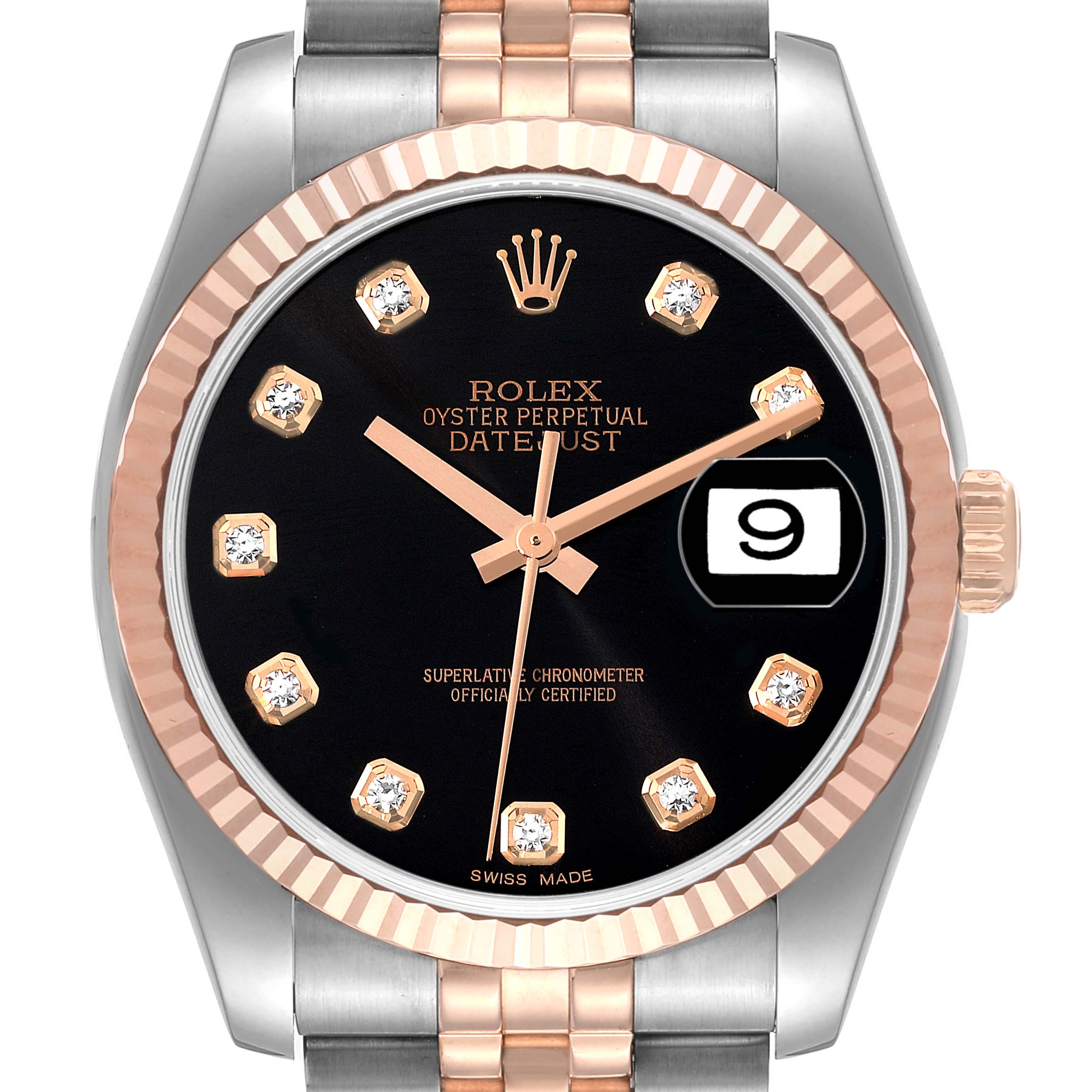 The image shows a front angle of a Rolex Datejust 116231 Men's Steel and Gold (two tone) Black Dial 116231 Men's Steel and Gold (two tone) Black Dial watch, highlighting the dial, bezel, crown, and part of the bracelet.