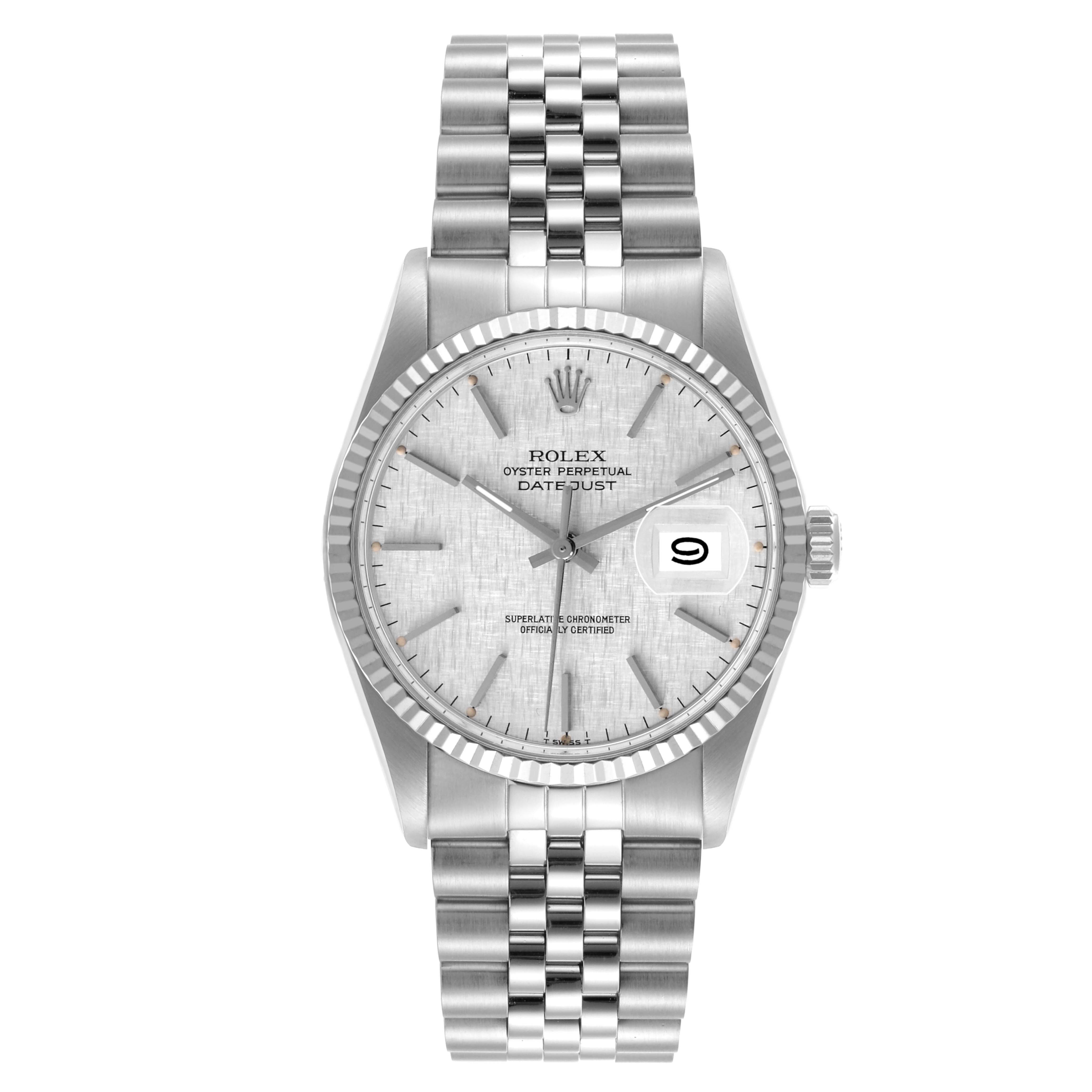 The Rolex Datejust 16014 Men
s Stainless Steel Silver Dial 16014 Men
s Stainless Steel Silver Dial watch is shown from a front angle, displaying the dial, bracelet, and date feature clearly.