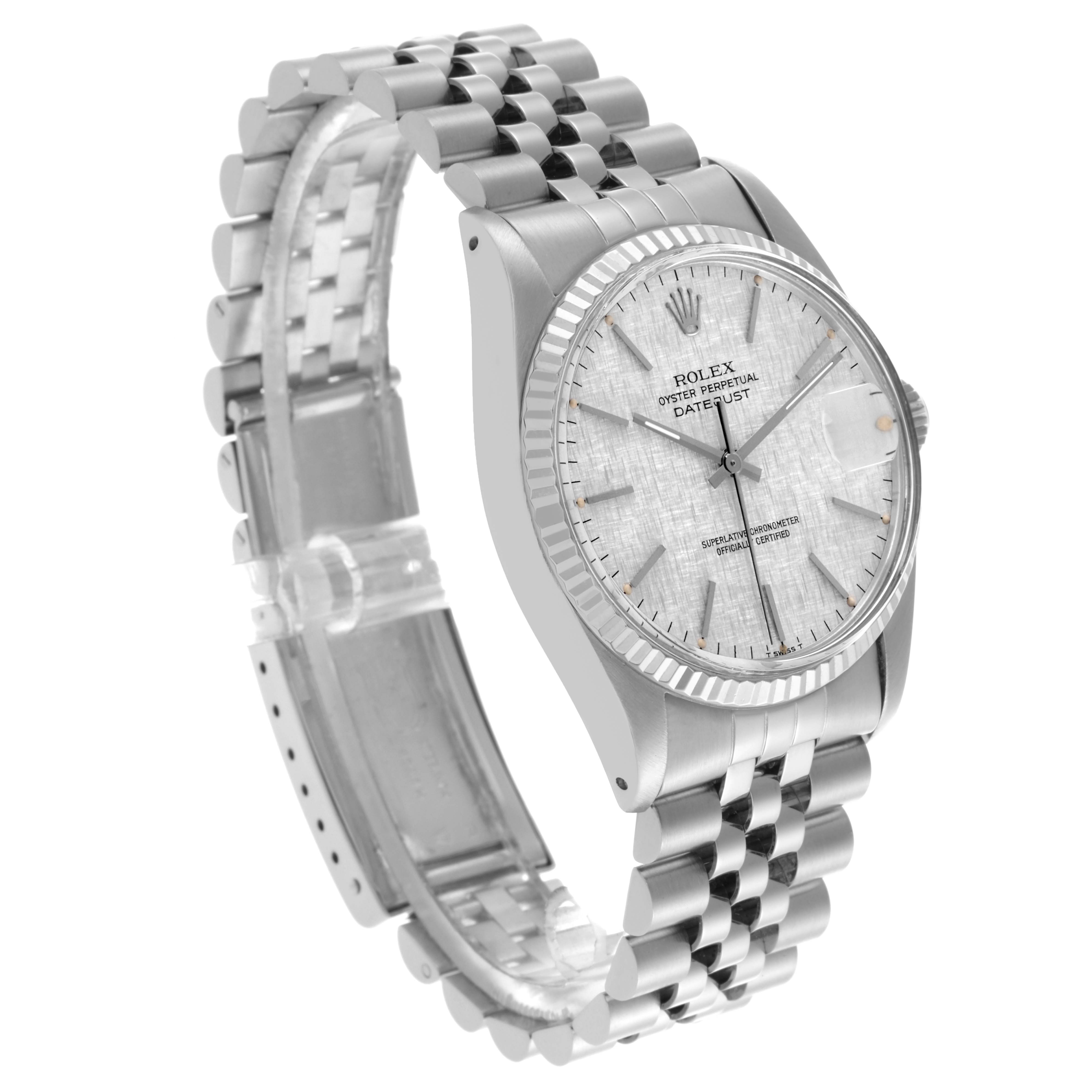 The Rolex Datejust 16014 Men
s Stainless Steel Silver Dial 16014 Men
s Stainless Steel Silver Dial watch is shown at a three-quarter angle, highlighting the dial, bezel, and Jubilee bracelet.