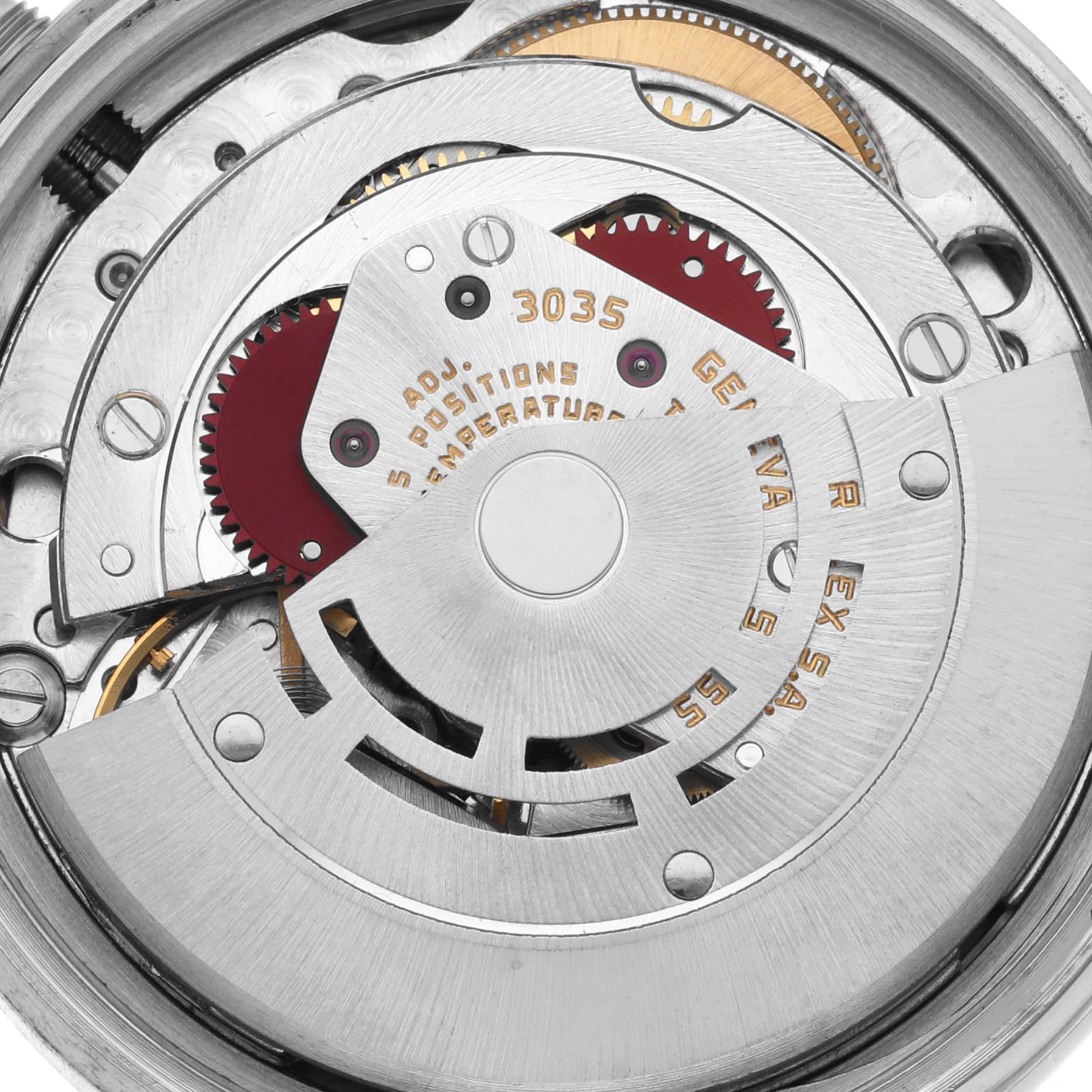 The image shows the movement mechanism of a Rolex Datejust 16014 Men
s Stainless Steel Silver Dial 16014 Men
s Stainless Steel Silver Dial, highlighting gears and the rotor at a close-up angle.