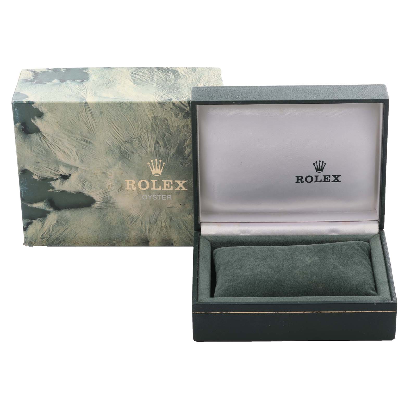 The image shows an open Rolex Datejust 16014 Men
s Stainless Steel Silver Dial 16014 Men
s Stainless Steel Silver Dial box with a cushion, next to a closed Rolex Oyster outer box.