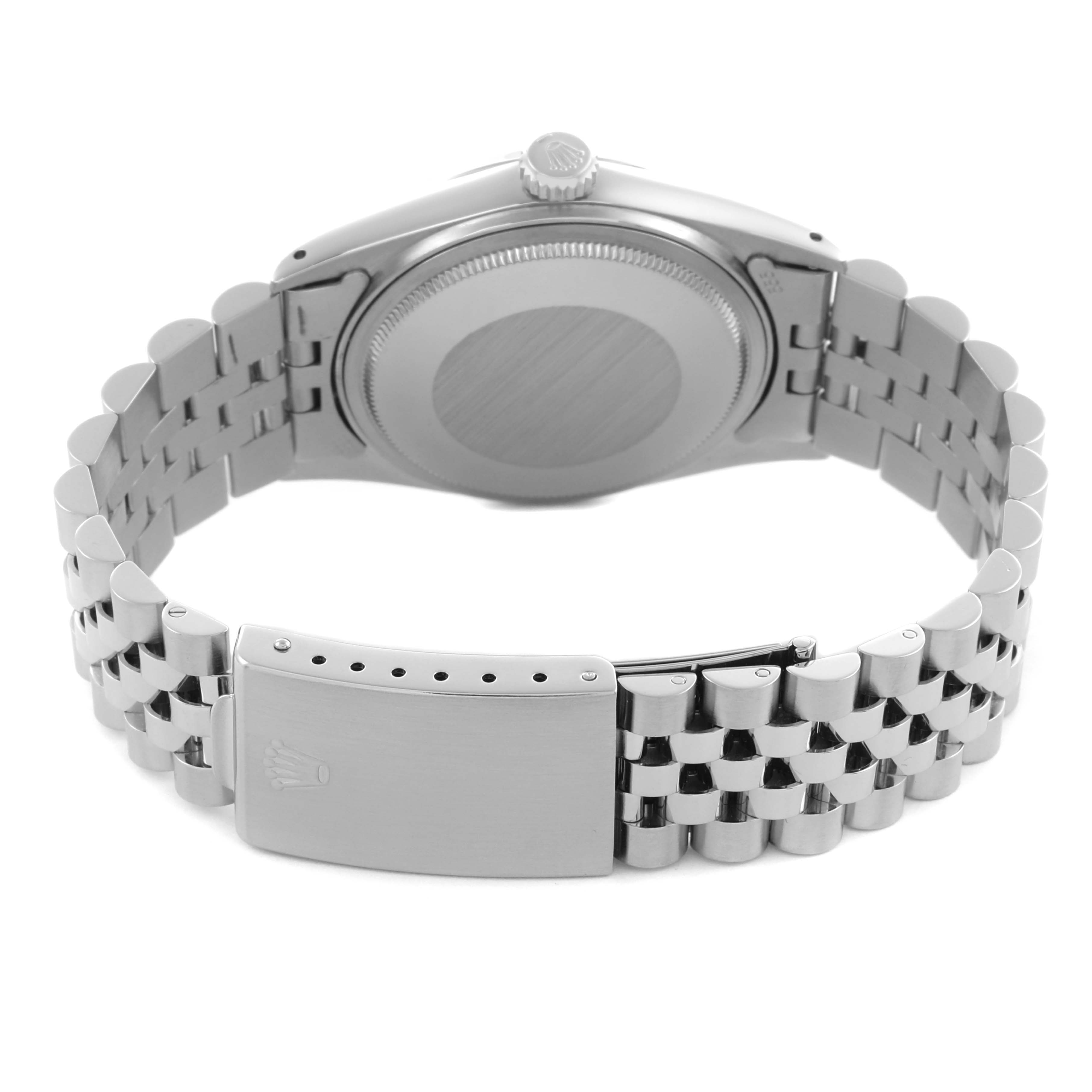 The image shows the back case and bracelet of a Rolex Datejust 16014 Men
s Stainless Steel Silver Dial 16014 Men
s Stainless Steel Silver Dial, featuring its clasp and crown.