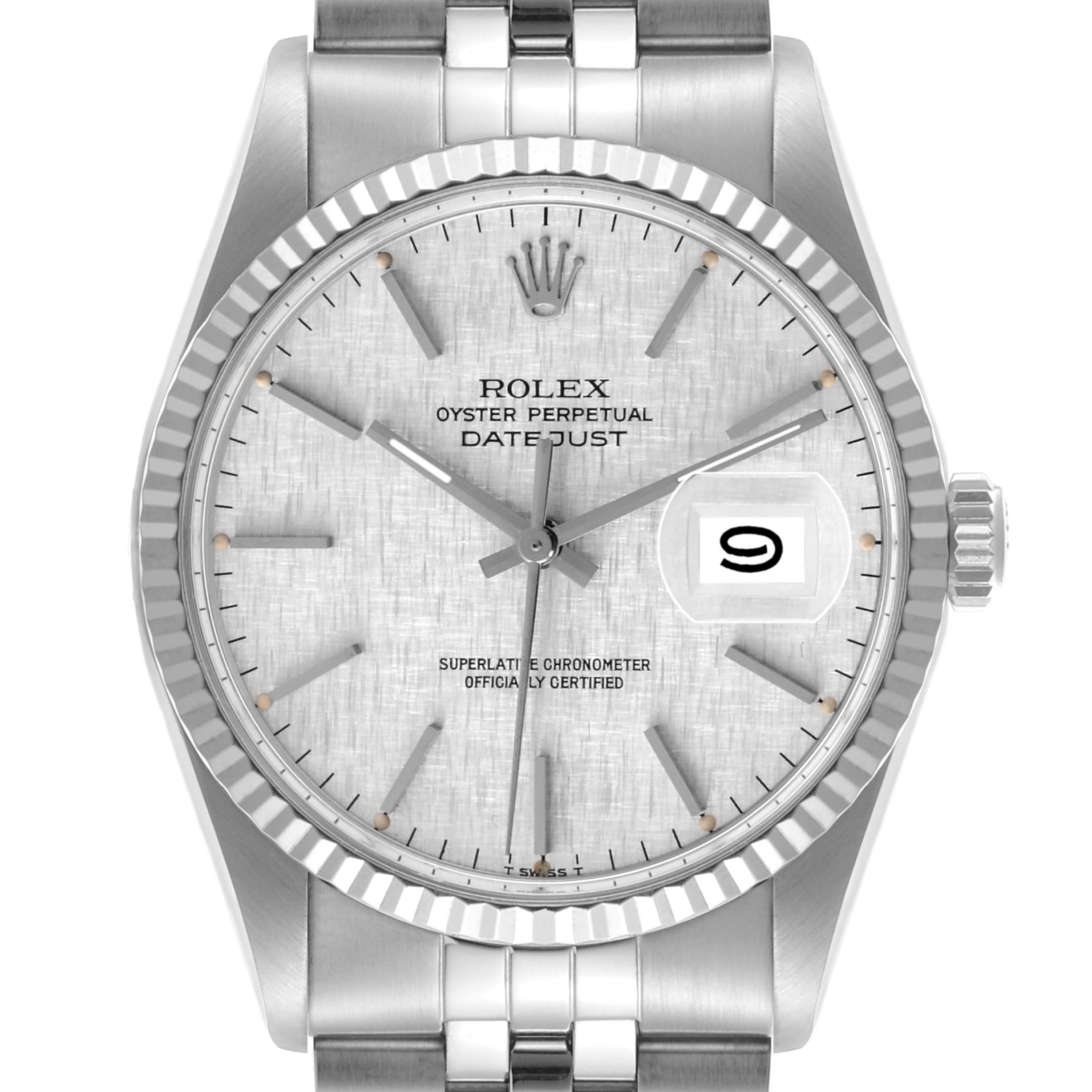 The image shows a front view of a Rolex Datejust 16014 Men
s Stainless Steel Silver Dial 16014 Men
s Stainless Steel Silver Dial, highlighting the dial, hands, date window, and fluted bezel.