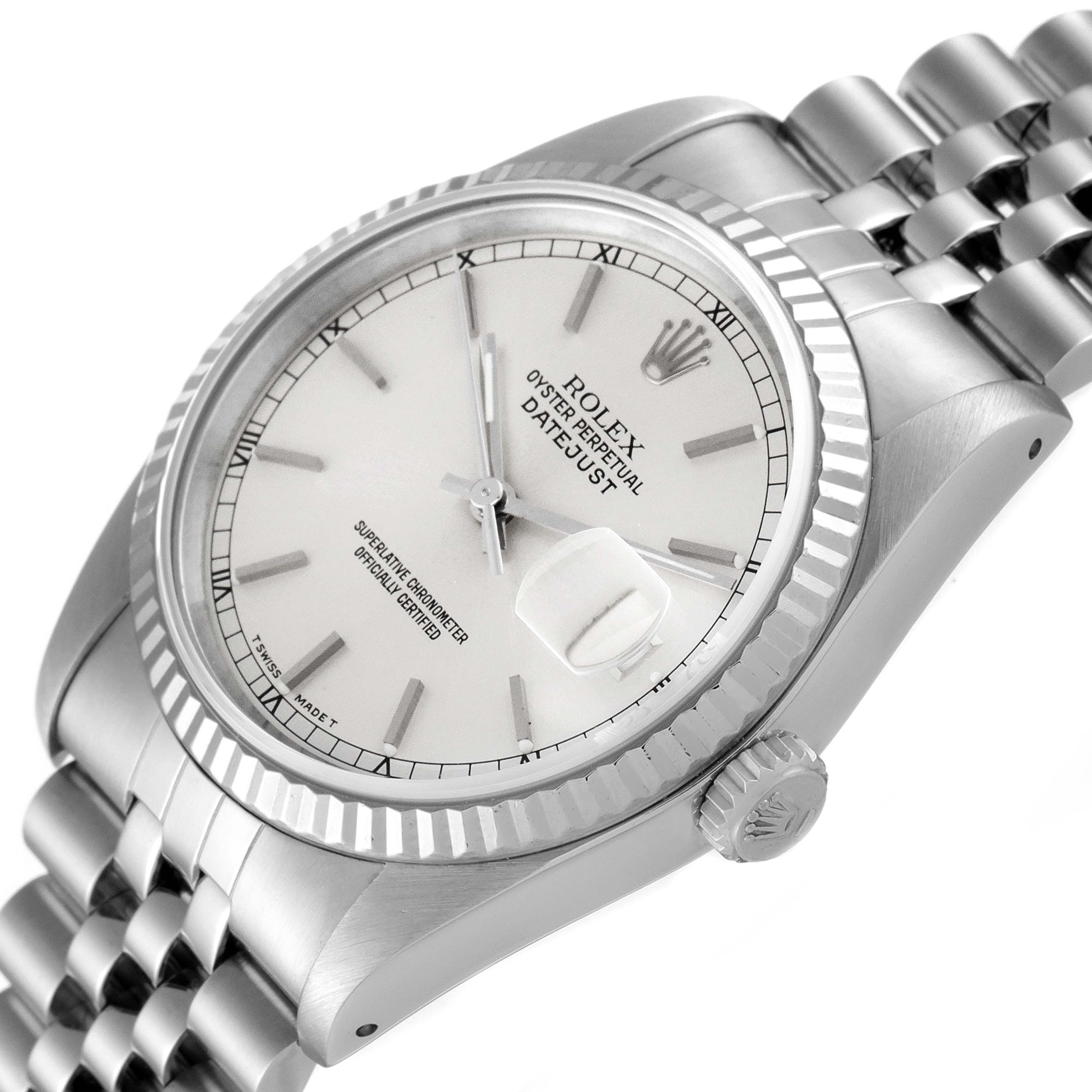 The image shows a Rolex Datejust 16234 Men's Stainless Steel Silver Dial 16234 Men's Stainless Steel Silver Dial watch from an angled side view, displaying the dial, crown, bezel, and part of the bracelet.