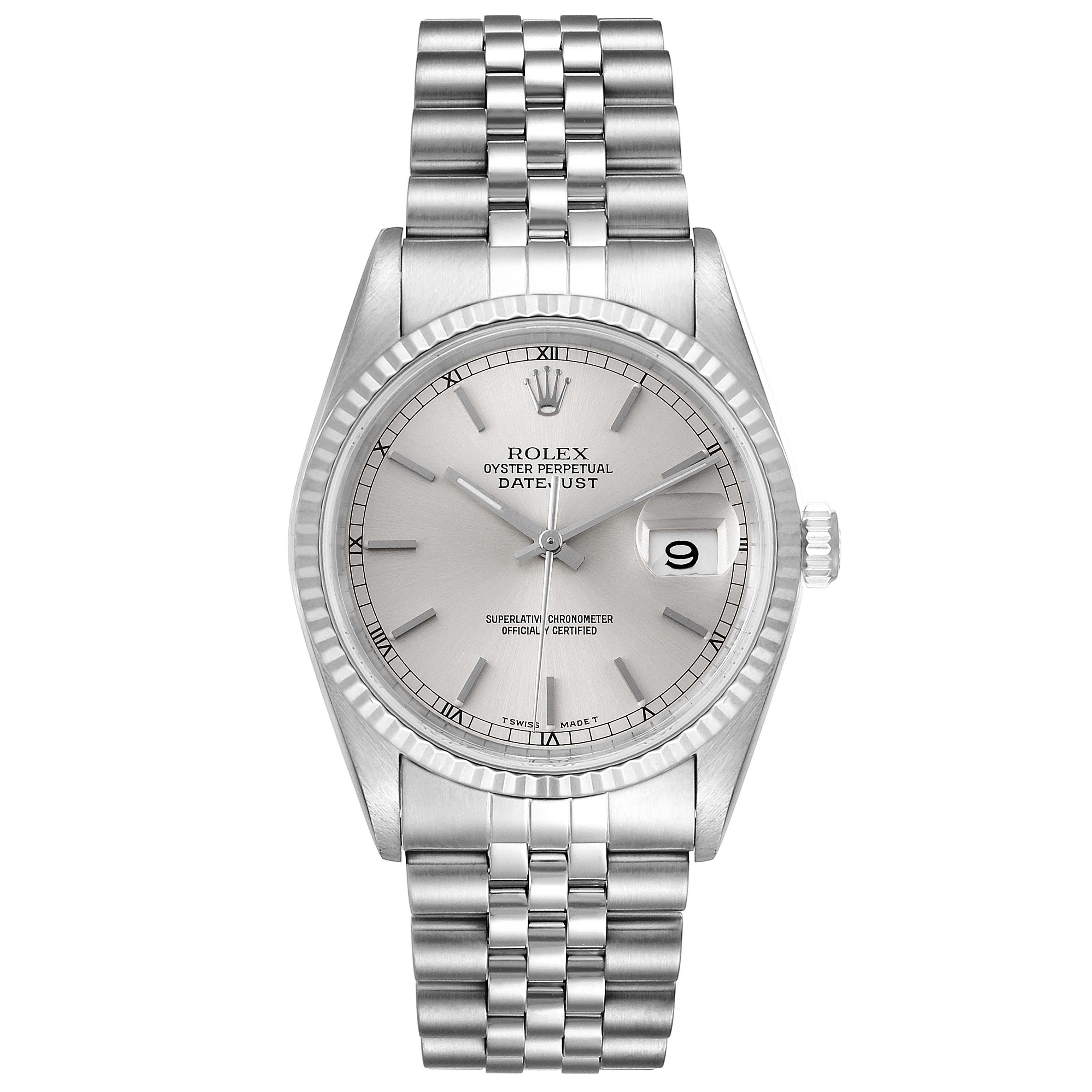 This image shows the front view of a Rolex Datejust 16234 Men's Stainless Steel Silver Dial 16234 Men's Stainless Steel Silver Dial watch, highlighting the face, bezel, and bracelet.