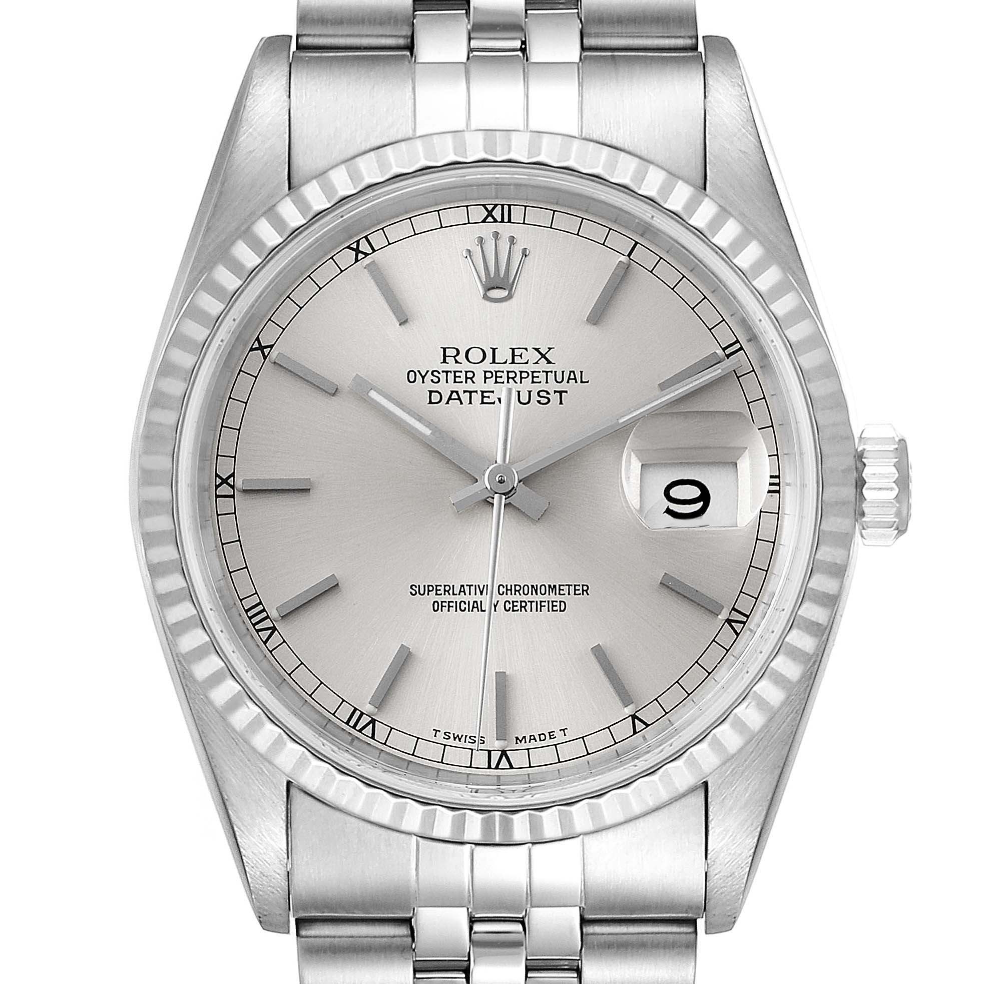The image shows a front view of the Rolex Datejust 16234 Men's Stainless Steel Silver Dial 16234 Men's Stainless Steel Silver Dial watch, highlighting its bezel, dial, hands, date window, and bracelet.
