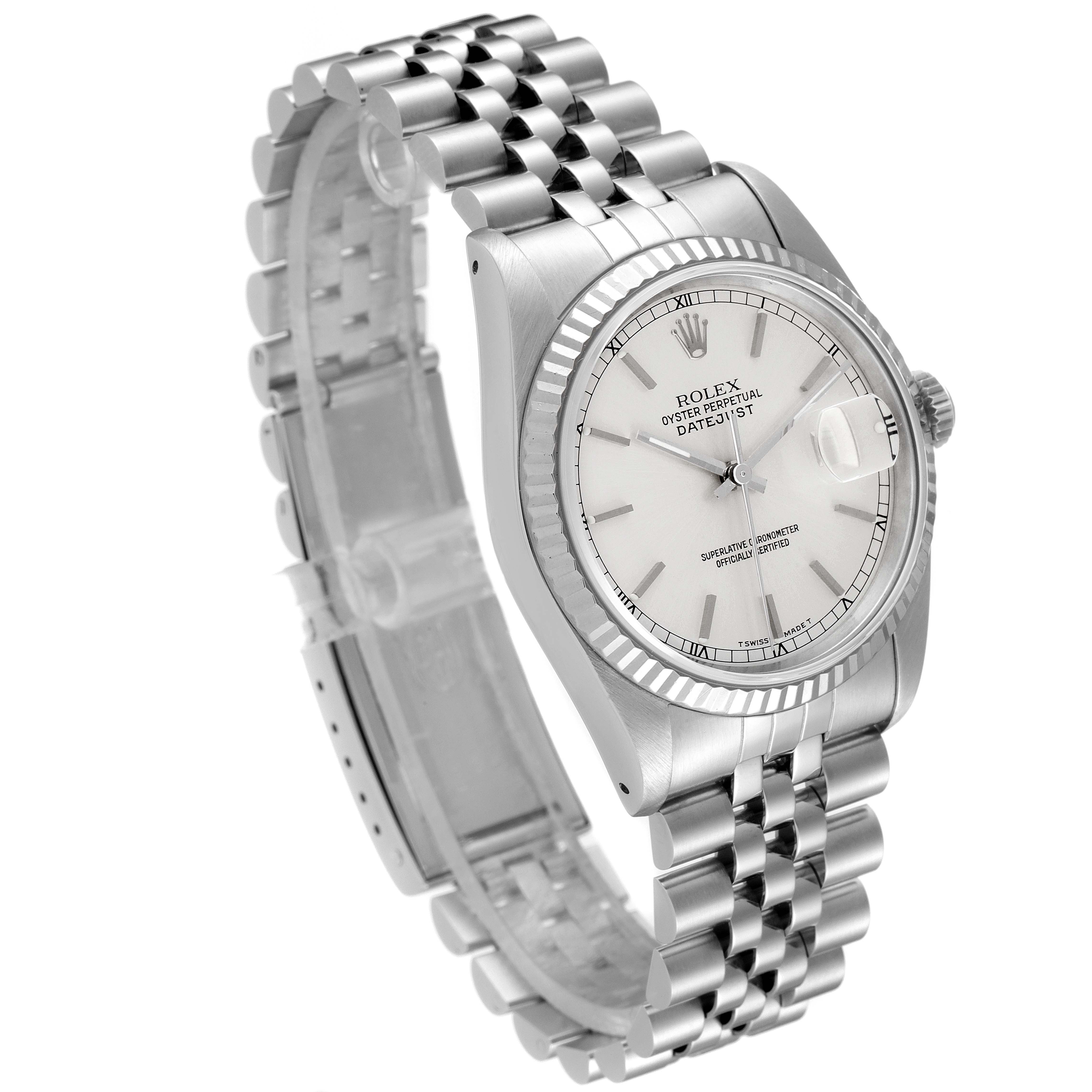 The image shows a Rolex Datejust 16234 Men's Stainless Steel Silver Dial 16234 Men's Stainless Steel Silver Dial watch at an angle displaying the face, bezel, and bracelet.