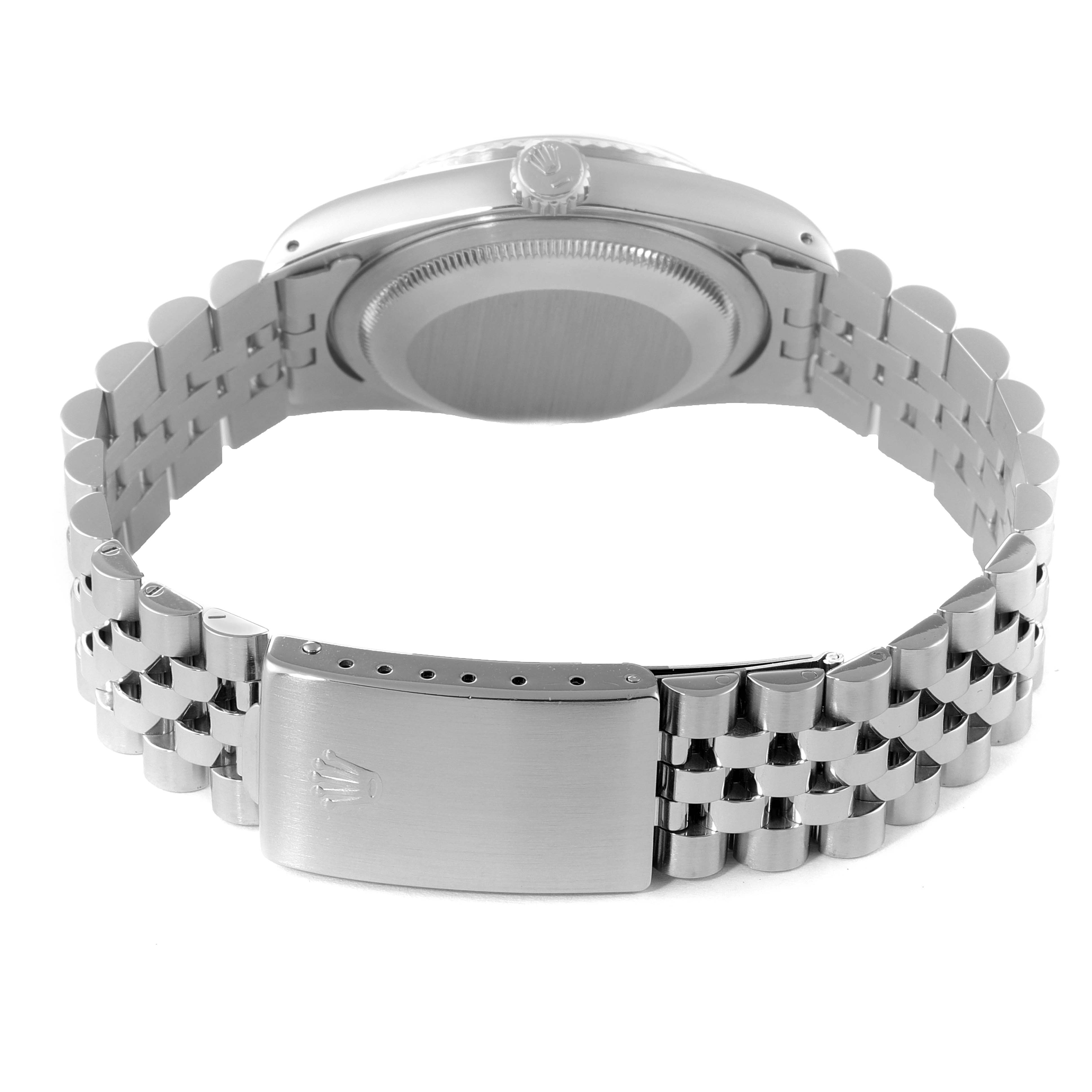 This image shows the back and clasp of a Rolex Datejust 16234 Men's Stainless Steel Silver Dial 16234 Men's Stainless Steel Silver Dial watch, highlighting the bracelet and crown logo on the clasp.