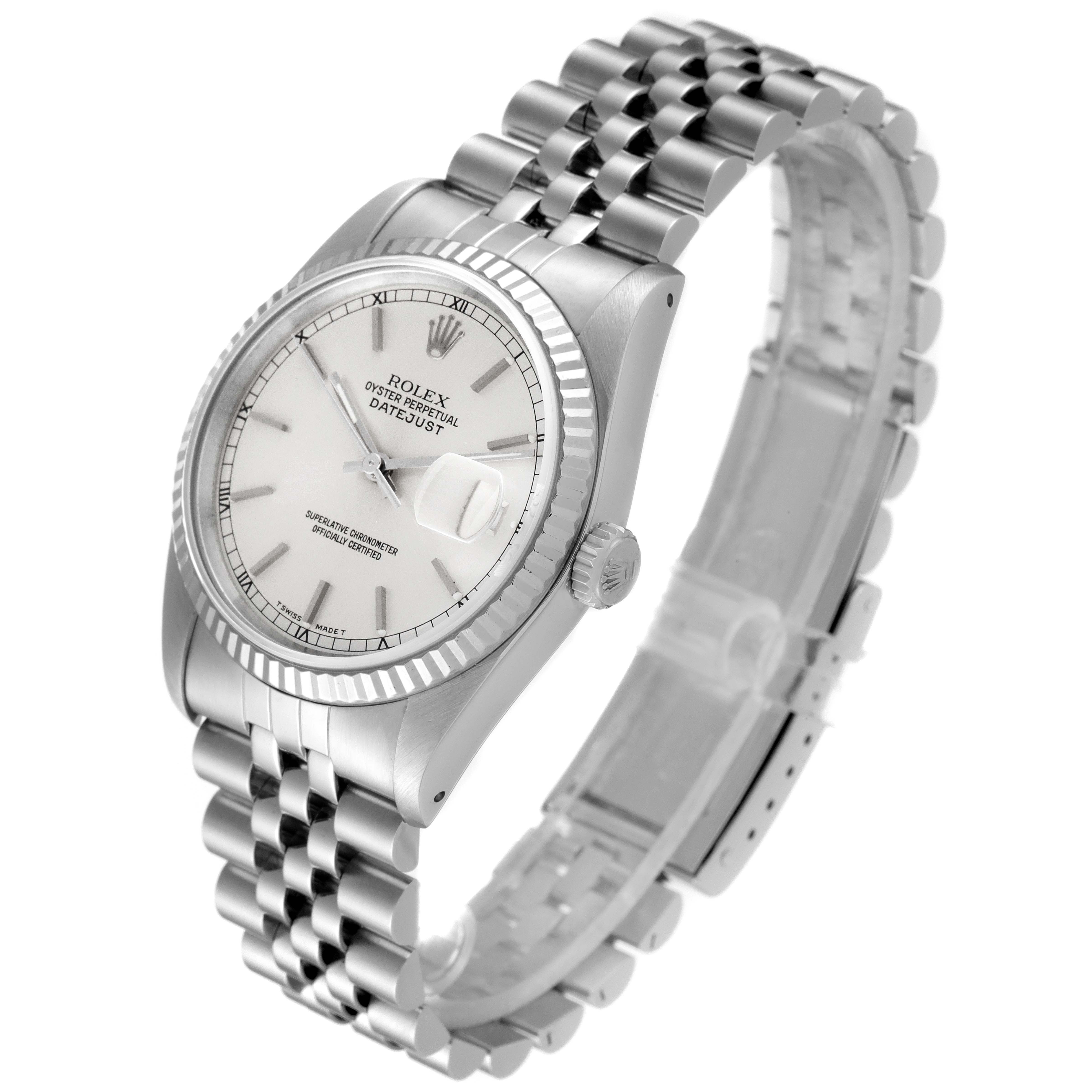 This image shows a Rolex Datejust 16234 Men's Stainless Steel Silver Dial 16234 Men's Stainless Steel Silver Dial watch angled to display the dial, bezel, crown, and bracelet.