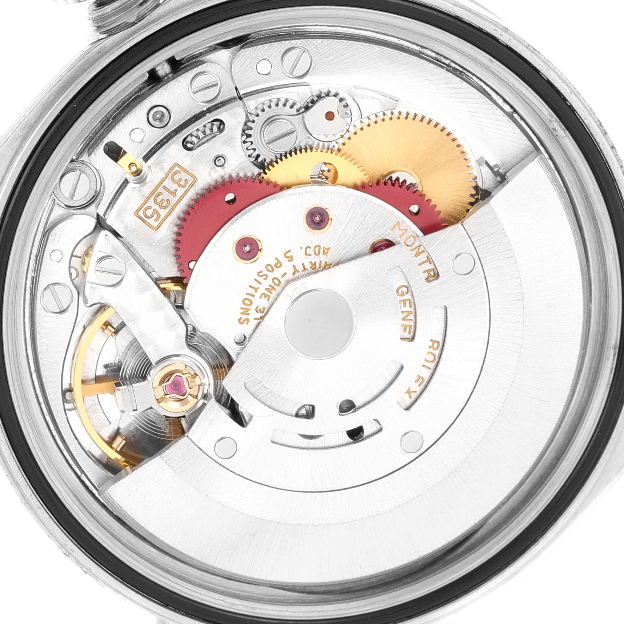 This image shows the intricate internal mechanics of a Rolex Datejust 16234 Men's Stainless Steel Silver Dial 16234 Men's Stainless Steel Silver Dial watch, displaying its gears and movement components.